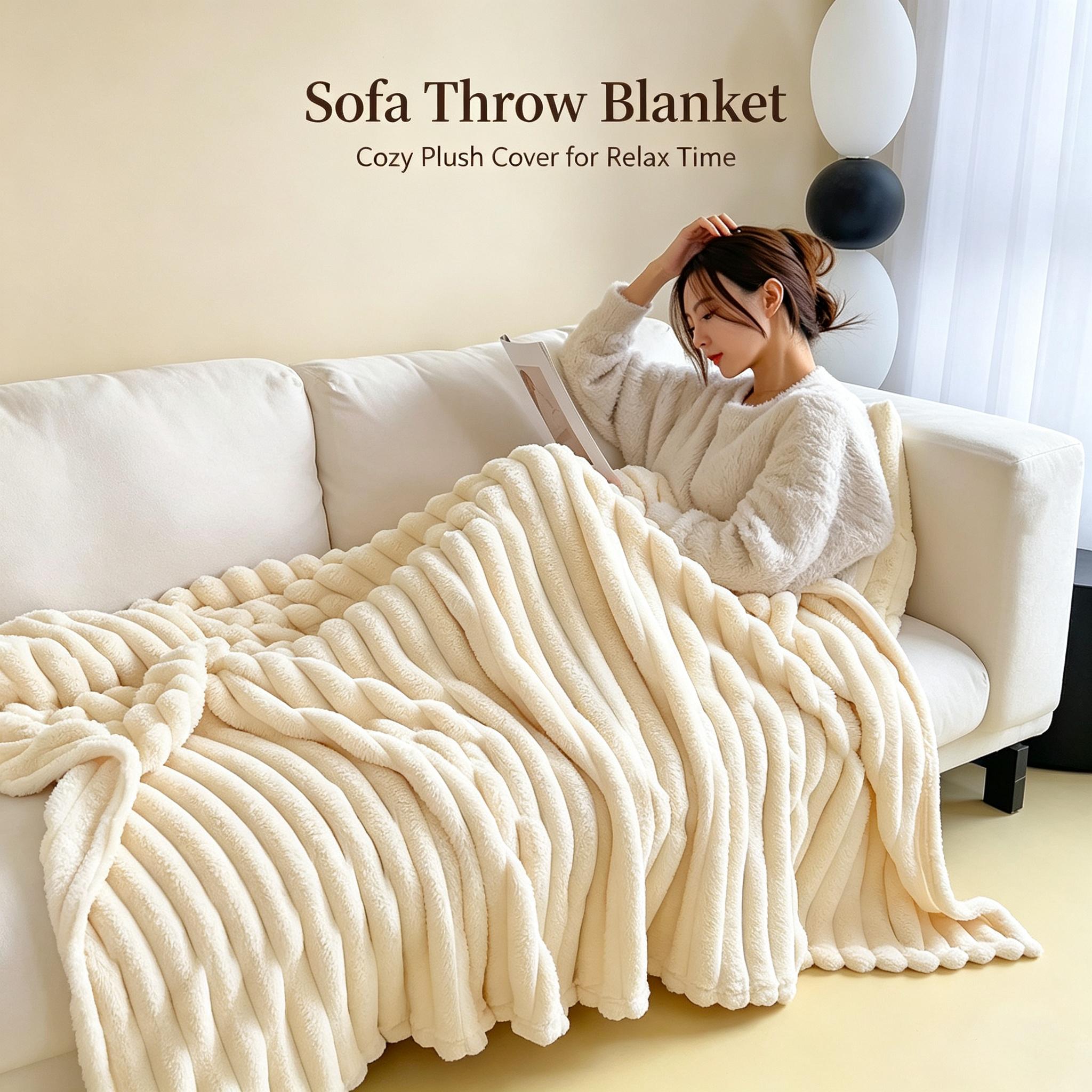 Soft Faux Rabbit Fur Striped Throw Blanket Thick Warm Nap Cover for Sofa Bed