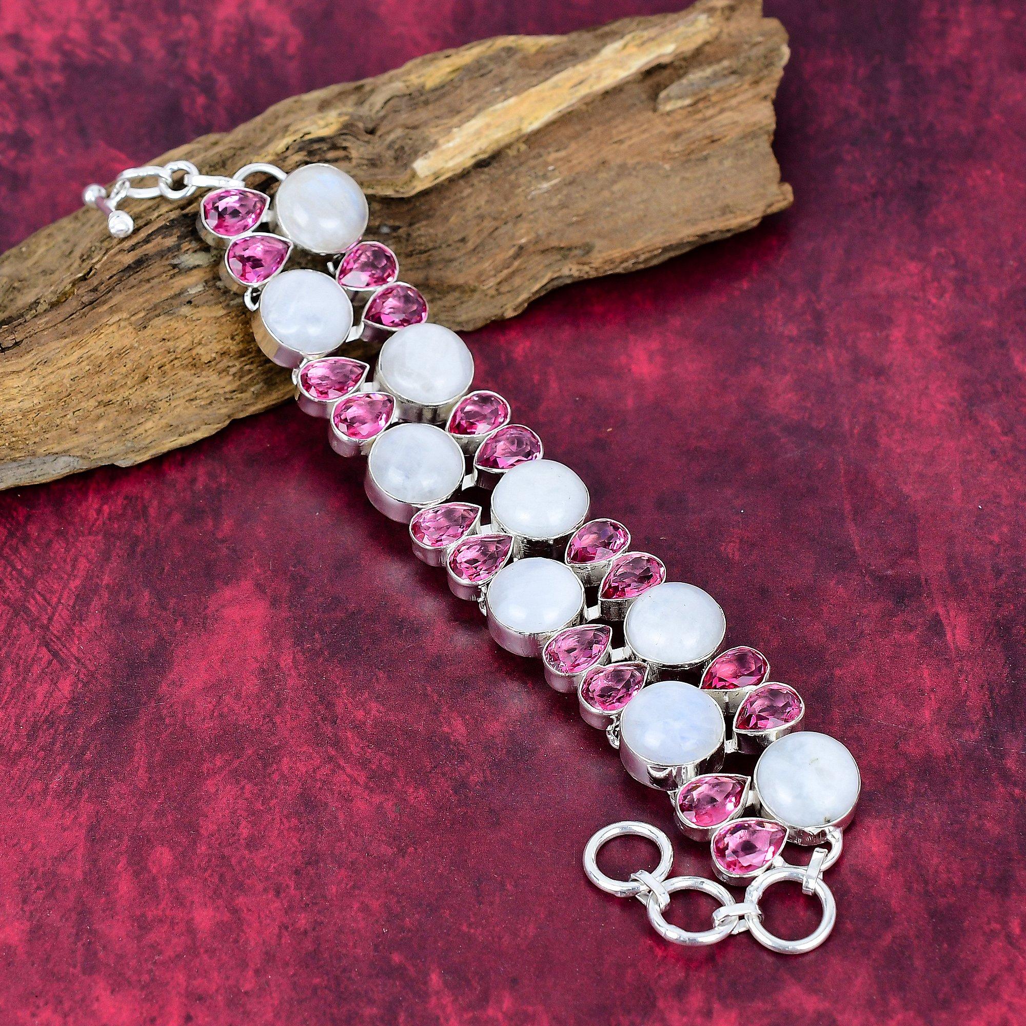 Moonstone, Rubellite Jewelry, Handmade Gemstone 925 Solid Sterling Silver Jewelry, Adjustable Chain Bracelet For Wedding Gift