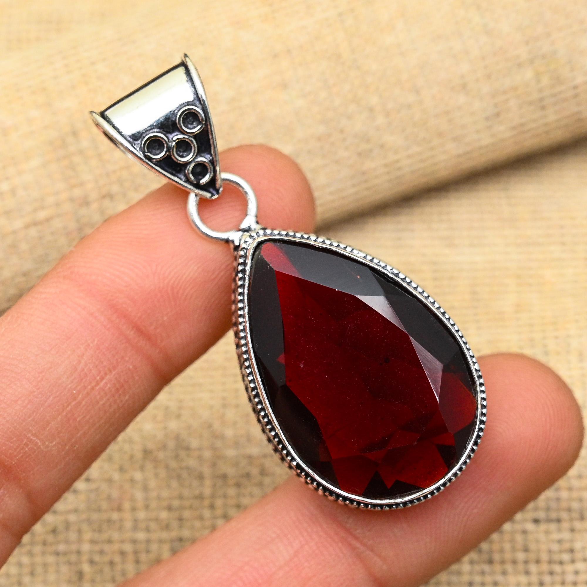 Lavish Red Garnet Gemstone Handmade 925 Solid Sterling Silver Jewelry Pendant For Women R