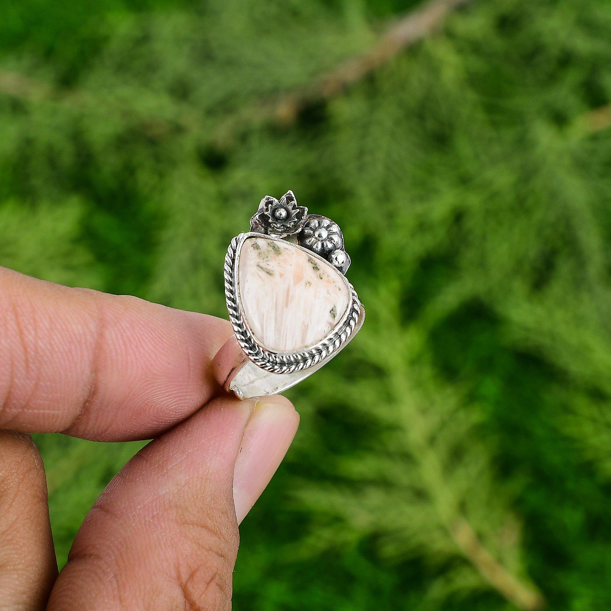 925 Silver Pear Crown Chakra Scolecite Stone Promise Flower Sister Ring Jewelry