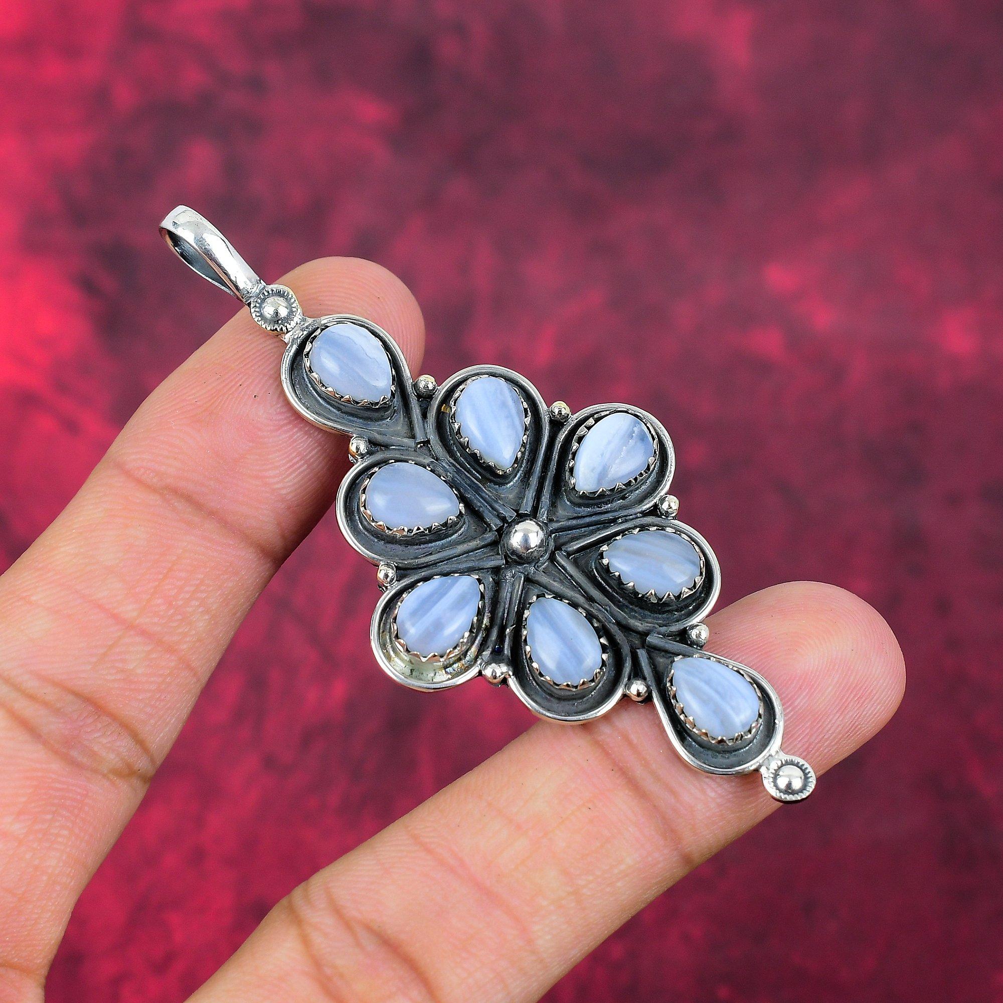 Pingente de pedra preciosa feito à mão de ágata de renda azul, pingente de prata esterlina sólida 925, joias antigas, pingente para presente de noivado