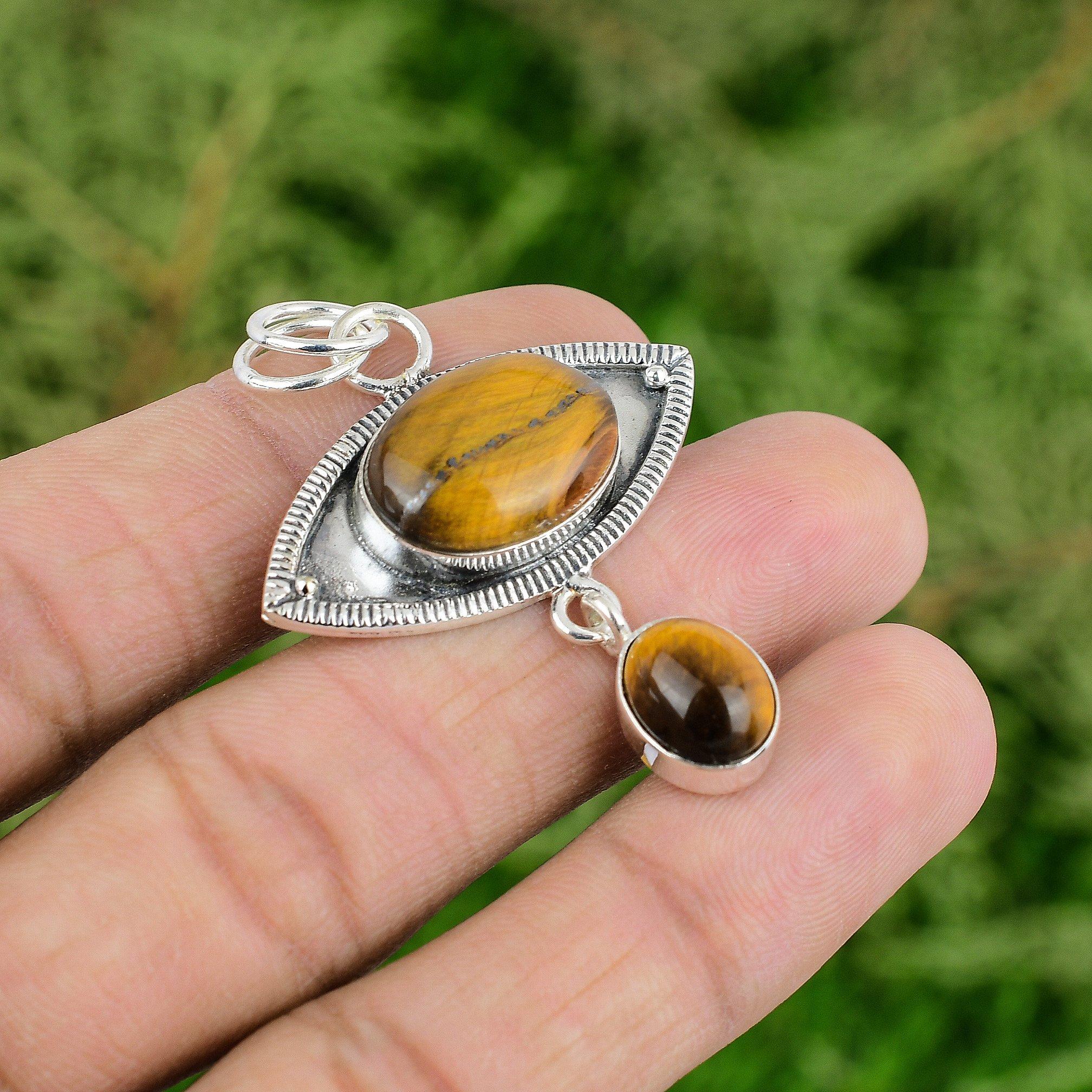 Oval Tiger's Eye Gemstone Sacral Chakra Bezel Elegant Pendant Sterling Silver