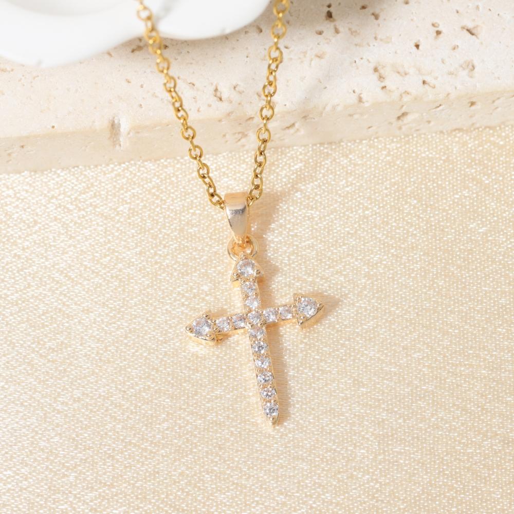 Golden Zirconia Arrow Cross Pendant Necklace, Dainty Jewelry for Women