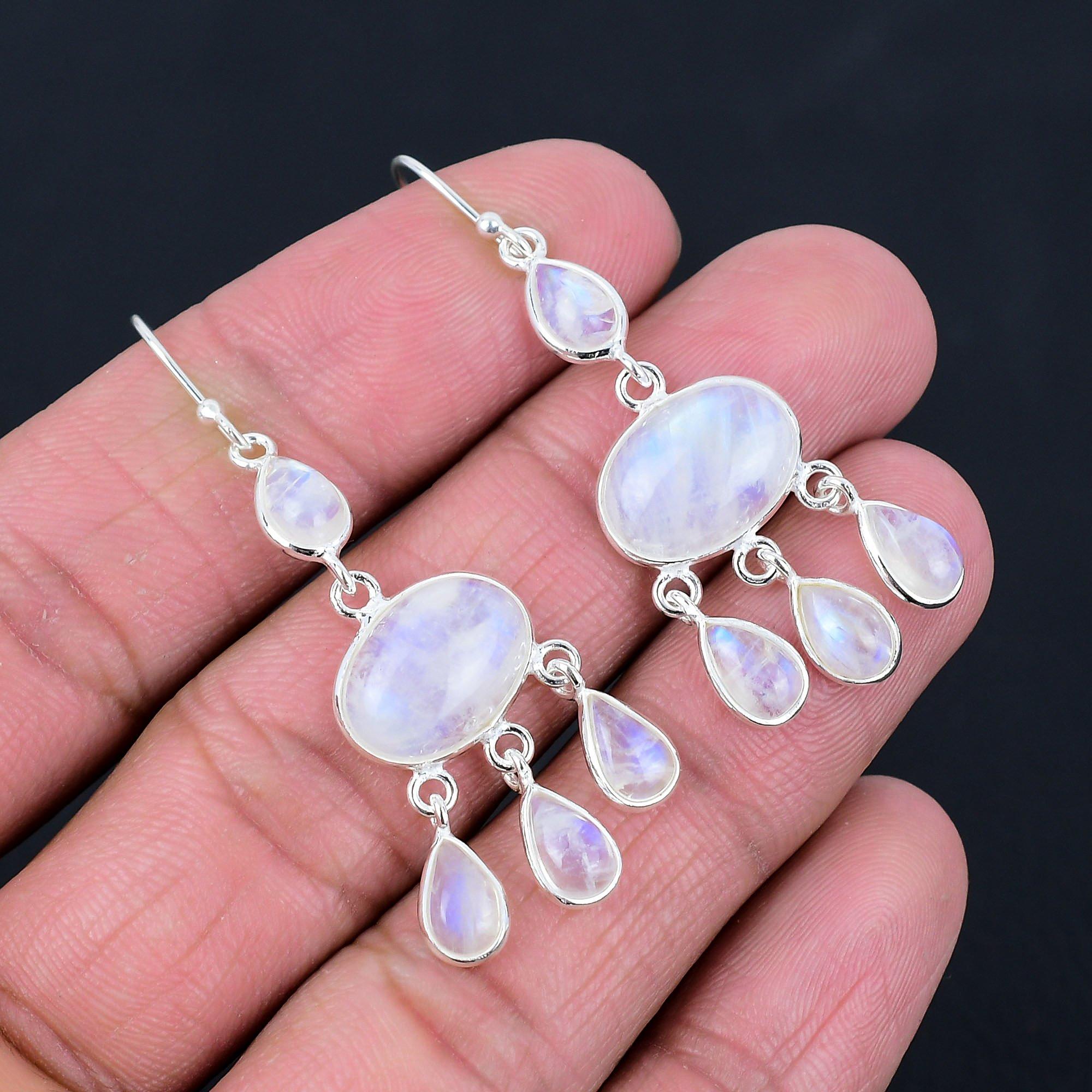 Rainbow Moonstone Gemstone Earrings Solid 925 Sterling Silver Handmade Earrings Jewelry Gift For Women And Girls E-2292