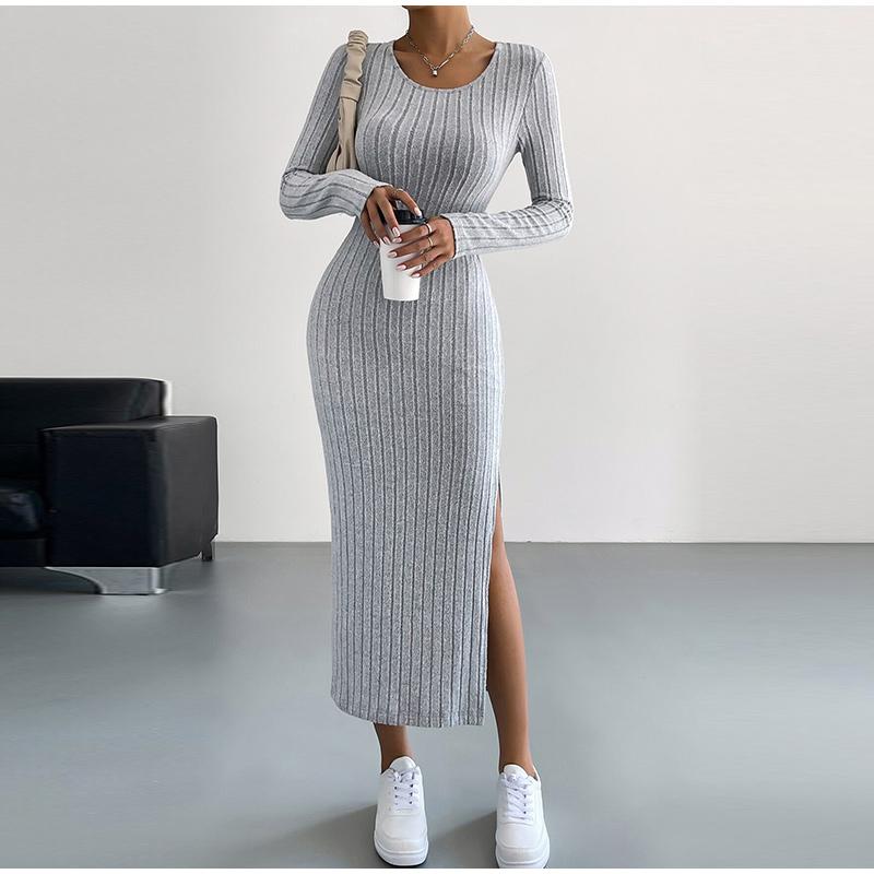 New Women Spring Autumn Casual Dress Solid Color Knitted Dress Sexy Slim Elegant Retro Dresses Long Sleeve Round Neck Side Slit Dress