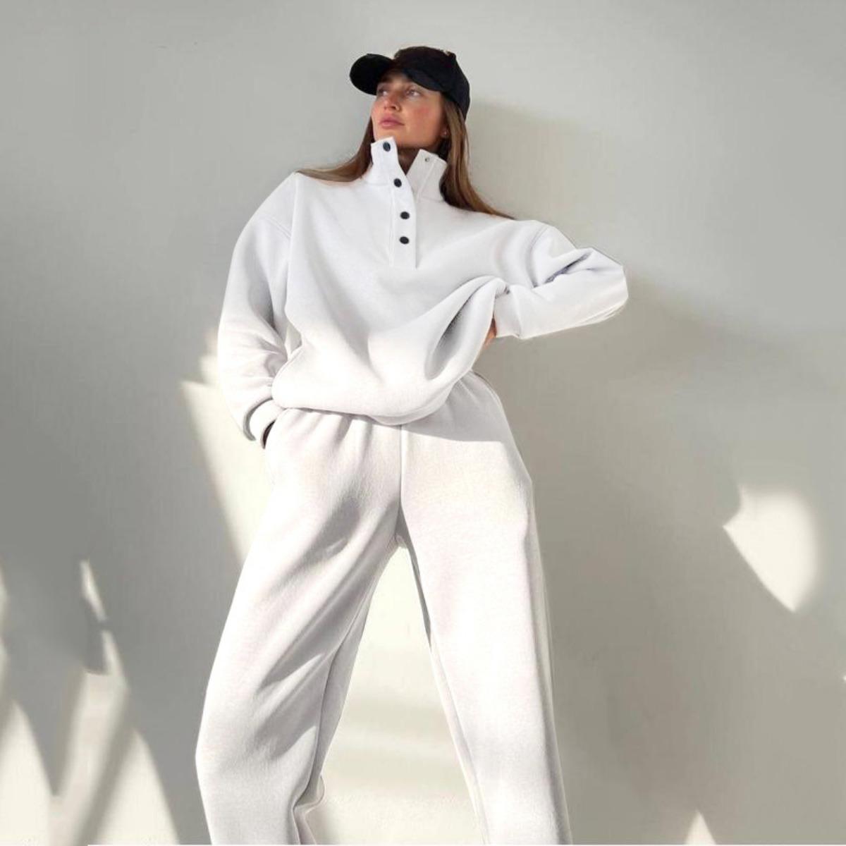 Spring and Autumn Women's Fashion Button Up Collar Hoodie Loose Pants, Hoodie Set
