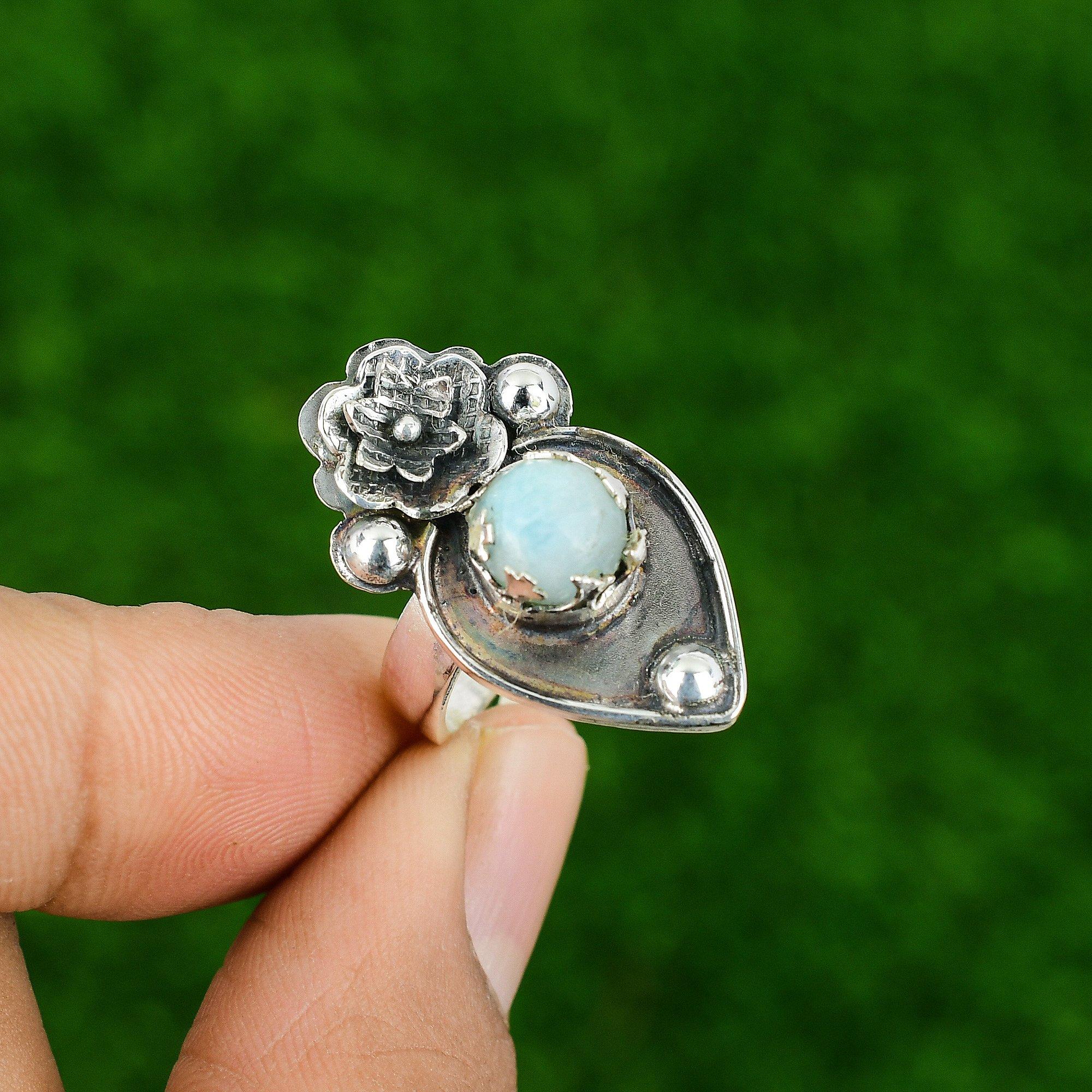 Natural Larimar Gemstone Stackable Flower Adjustable Ring 925 Silver For Girls