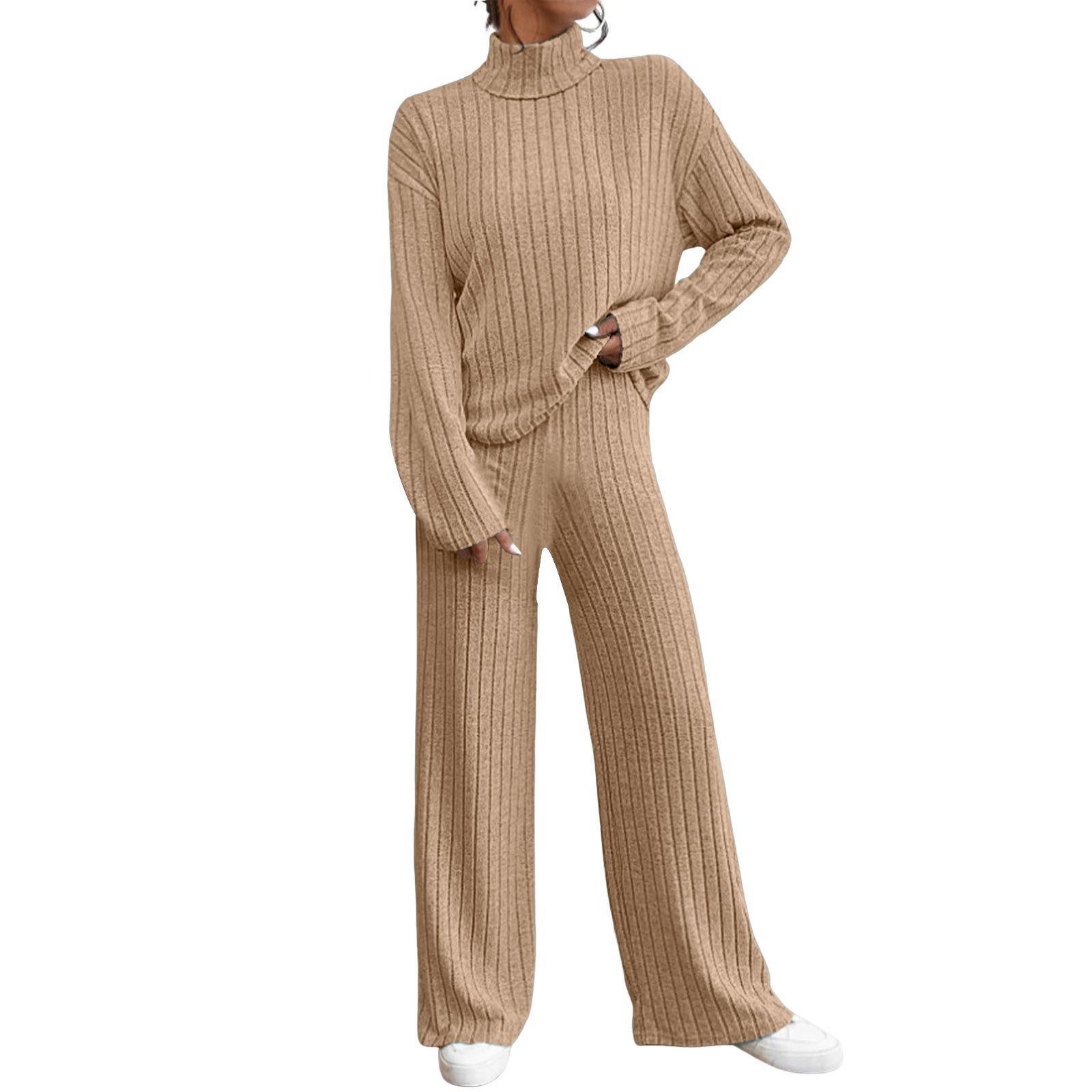 Completo casual da donna in 2 pezzi, felpa a collo alto in maglia a maniche lunghe e set di pantaloni larghi per autunno inverno