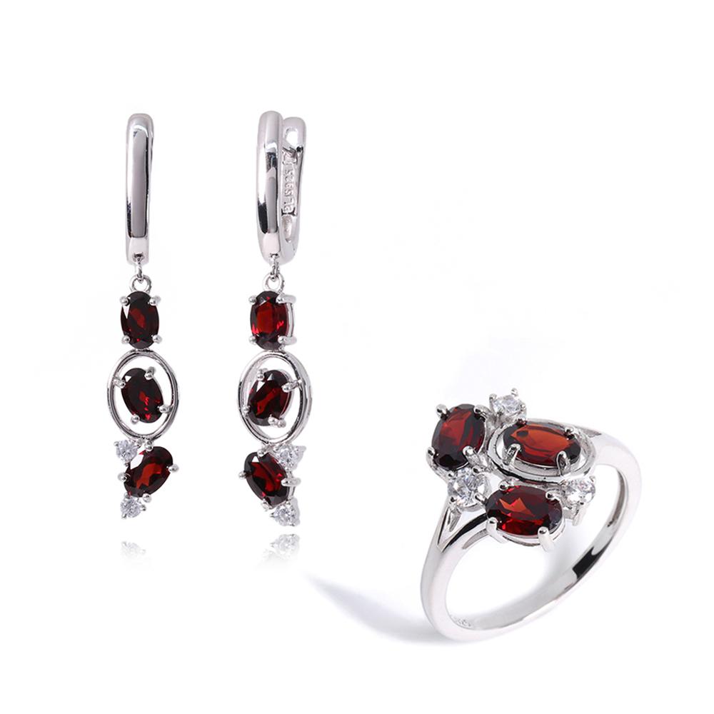 925 Silver jewelry set with Natural Red Garnet Gemstones Earrings And Ring for women as nice birthday gift