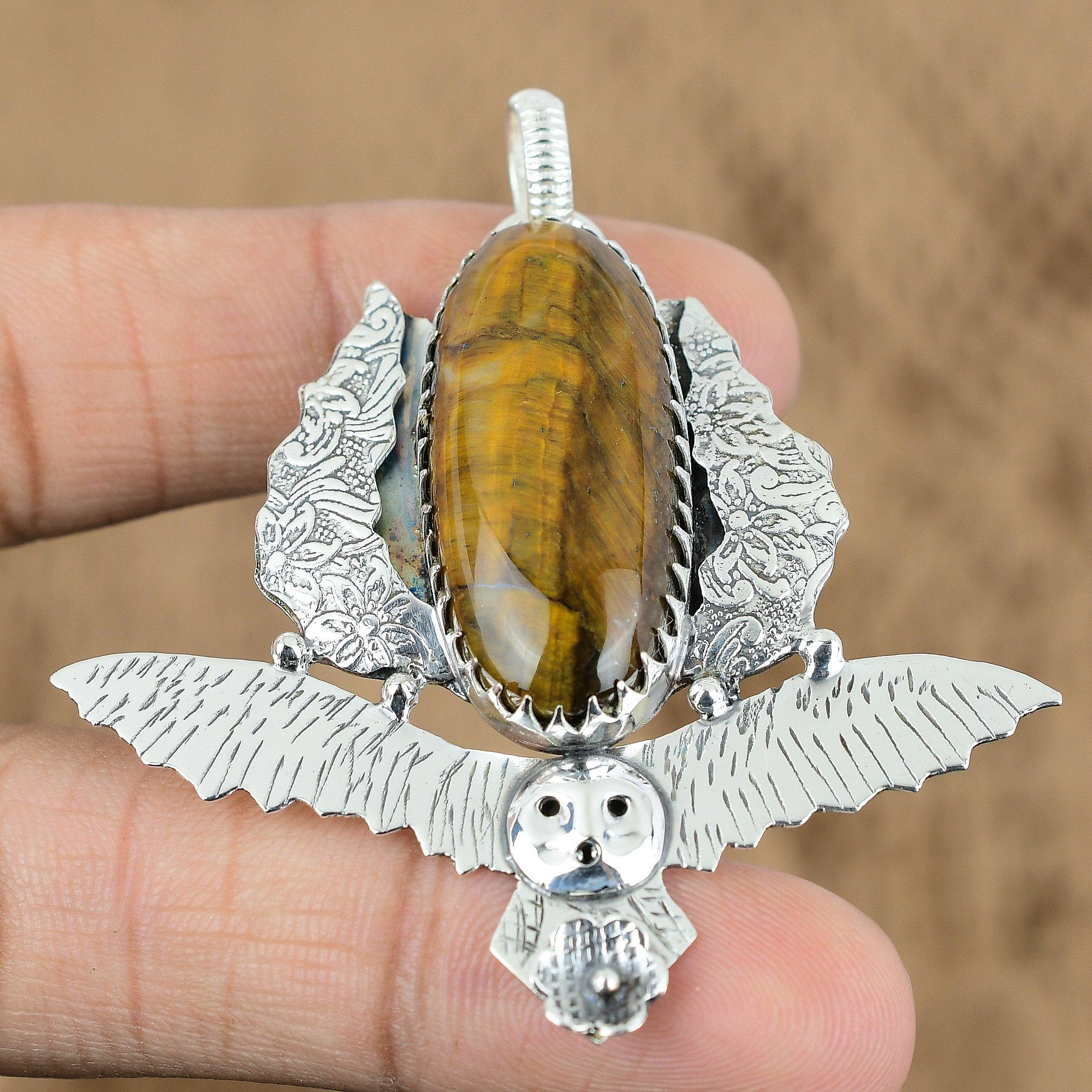 Natural Tiger'S Eye Gemstone Jewelry 925 Sterling Silver Pendant Owl For Girls