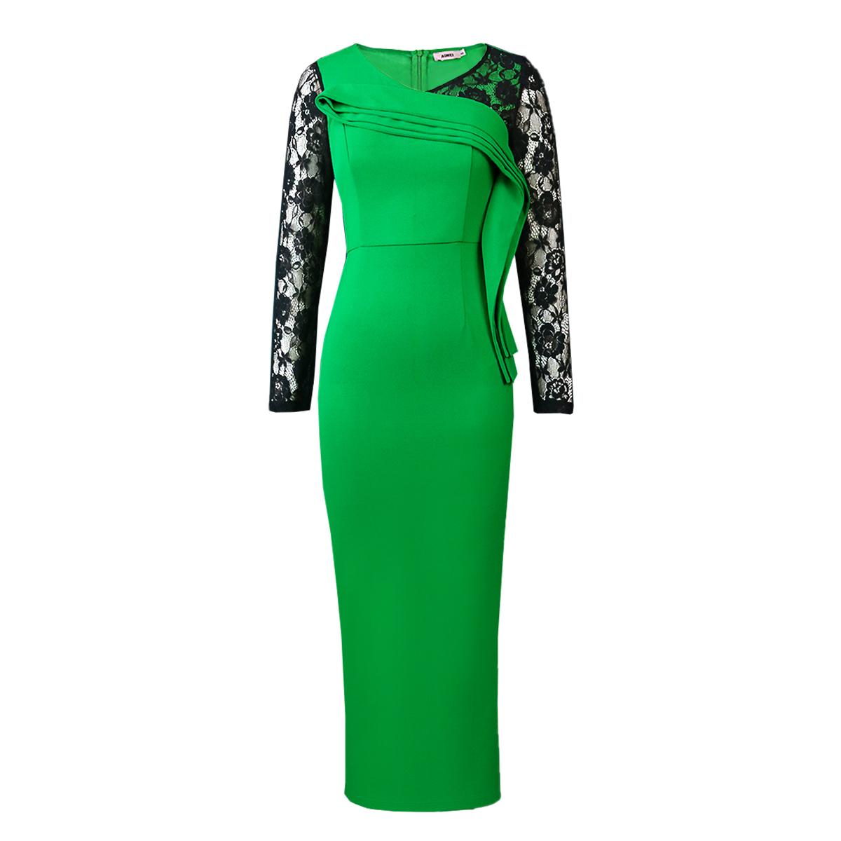AOMEI Elegant Evening Dresses for Women Lace Patchwork Green Trim Ruffles Ankle Length Office Lady Cocktial Event Occasion Outfits Large Size