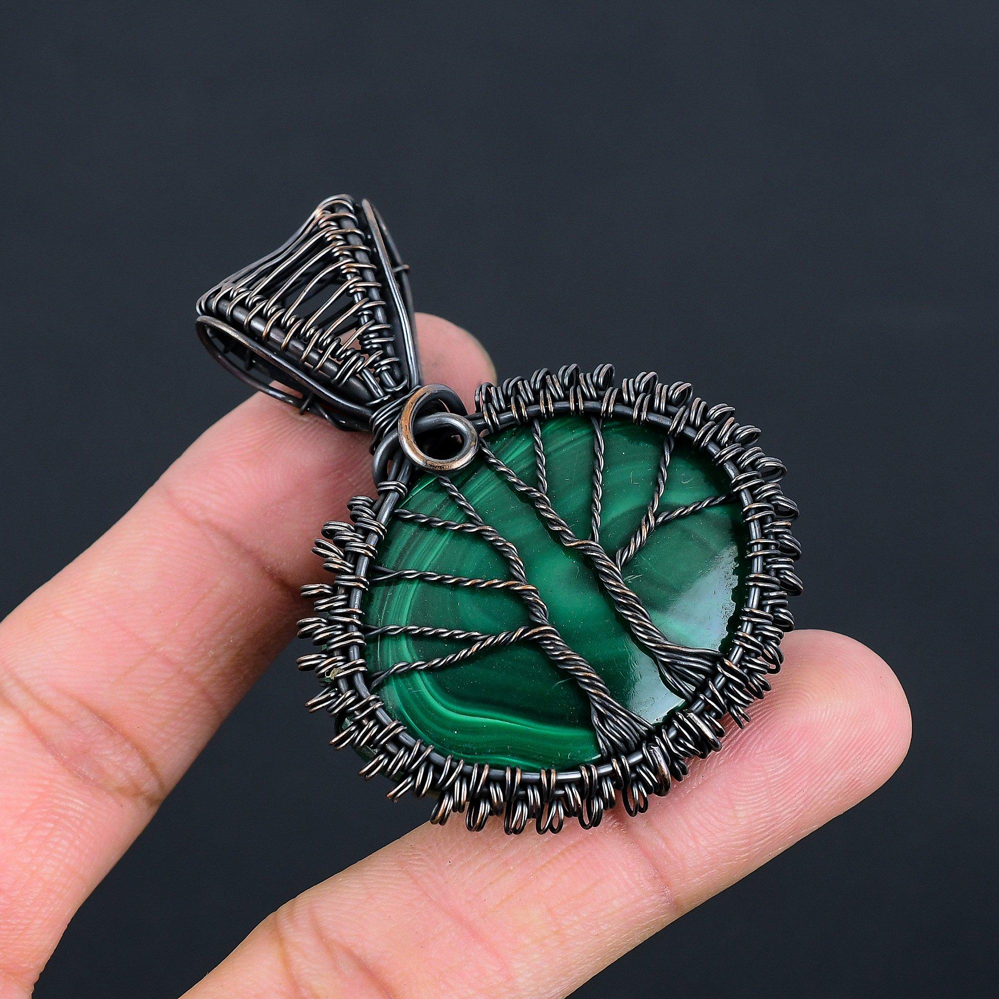 Double Tree Of Life Malachite Gemstone Copper Wire Wrap Beauteous Handmade Jewelry Pendant For Her