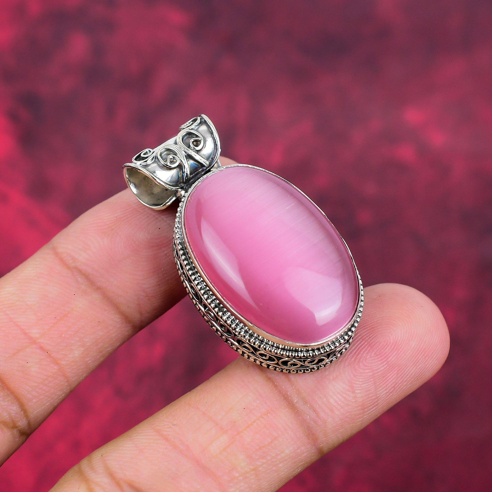 Pink Cat's Eye Pendant, 925 Solid Sterling Silver Gemstone Jewelry, Handmade Pendant, For Wedding Gift