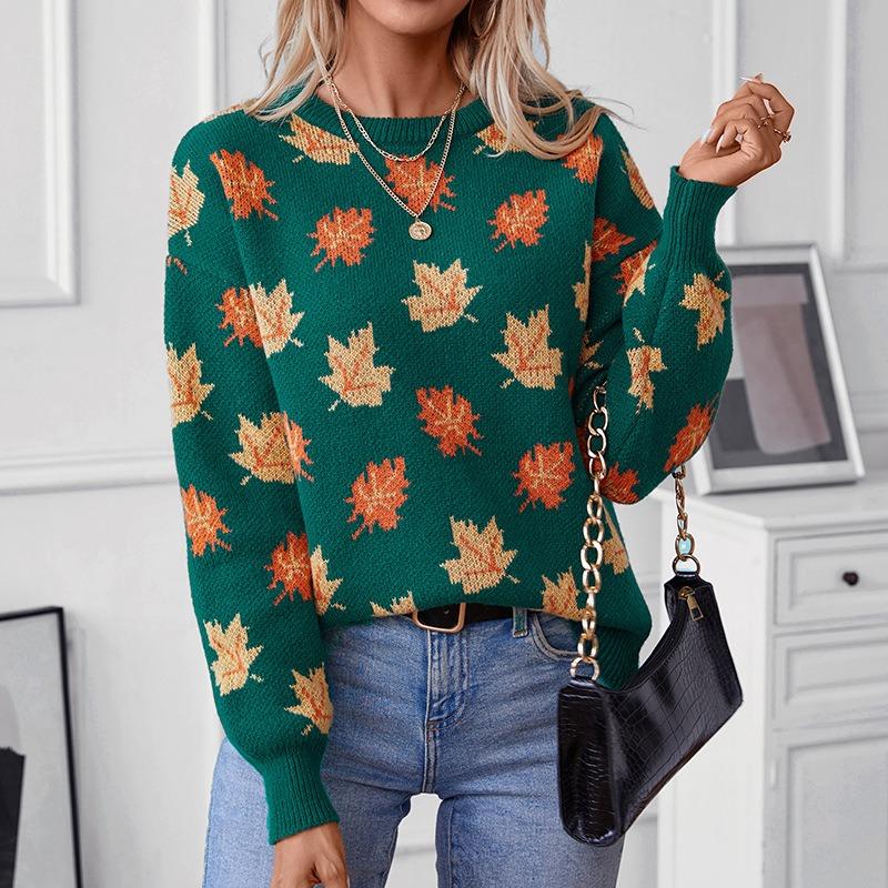 Jacquard Round Neck Sweater Maple Leaf Pattern Casual Pullover Loose Knitwear Thicken Warm Commuting Harajuku Long Sleeved Bottoming Shirt Fall Winter