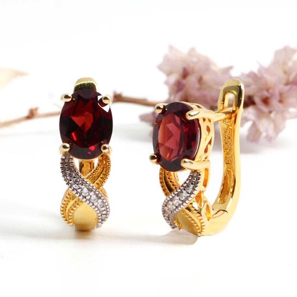 Elegant 925 Sterling Silver Vine Design Earrings Real Gemstone Natural Oval Garnet Fine Jewelry for Women's Birthday Wedding Gift