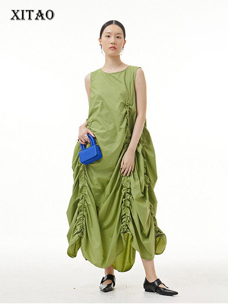 Xitao Solid Pleated Dress Women Fashion Loose Casual Dress WMD5840