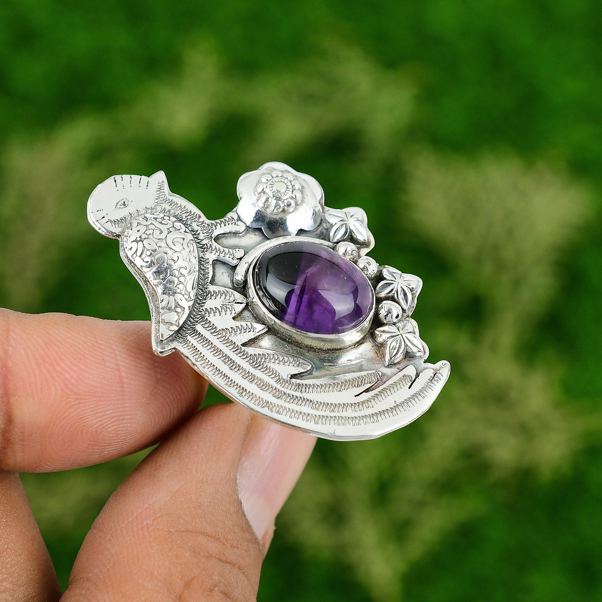 Natural African Amethyst 925 Silver Statement Bird Adjustable Ring For Women