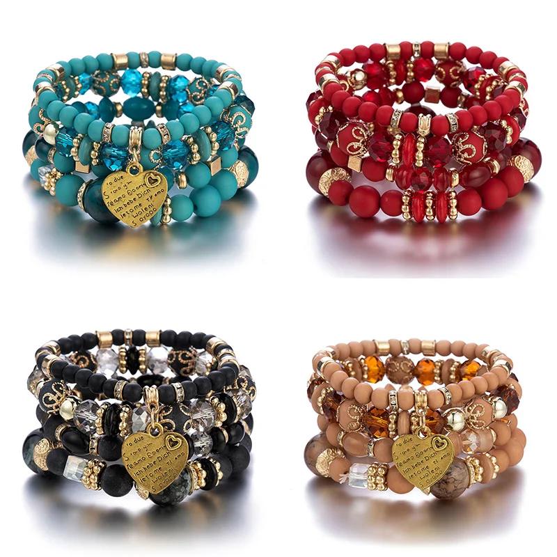 4pcs/set Boho Crystal Beads Chain Bracelet For Women Vintage Heart Elastic Bangle Female Party Jewelry Accessories