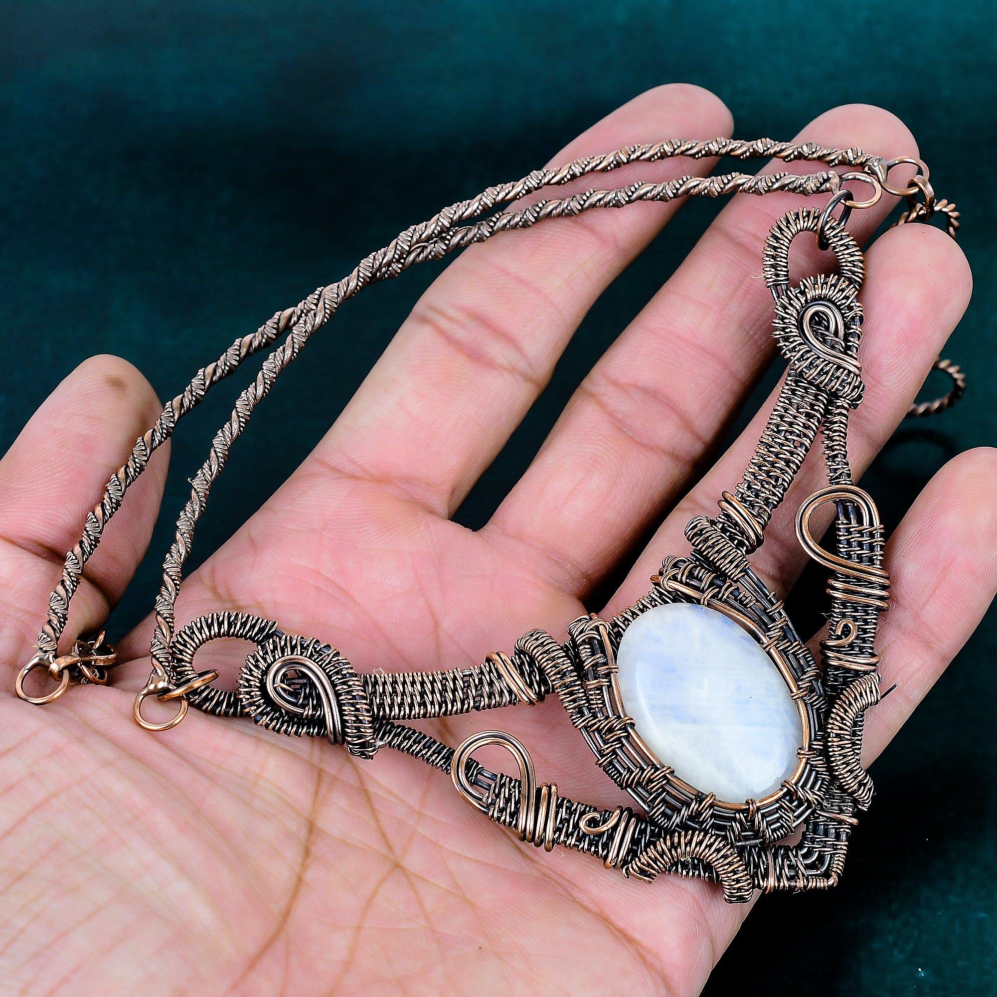 Rainbow moonstone necklace copper wire wrapped jewelry handmade necklace real gemstone jewelry wire wrap adjustable necklace wedding gifts