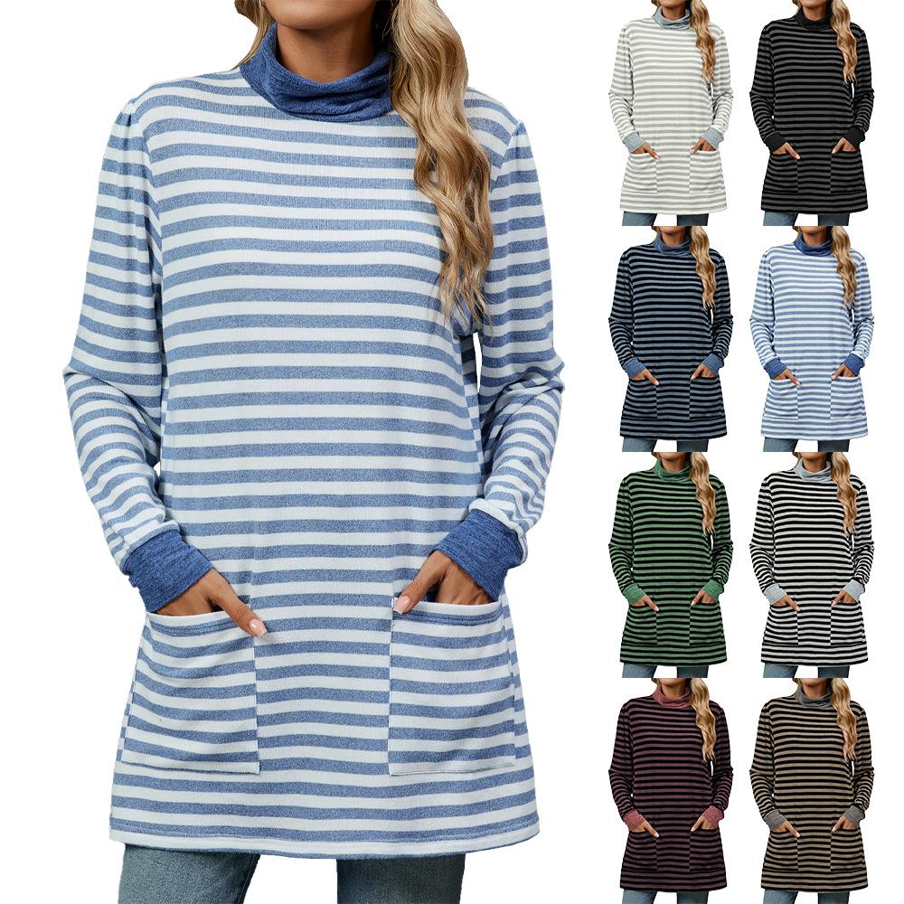Høst og Vinter Dame Topp Pluss Størrelse Stripe Fargekollisjon Løs Lomme Høy Hals Langermet Genser