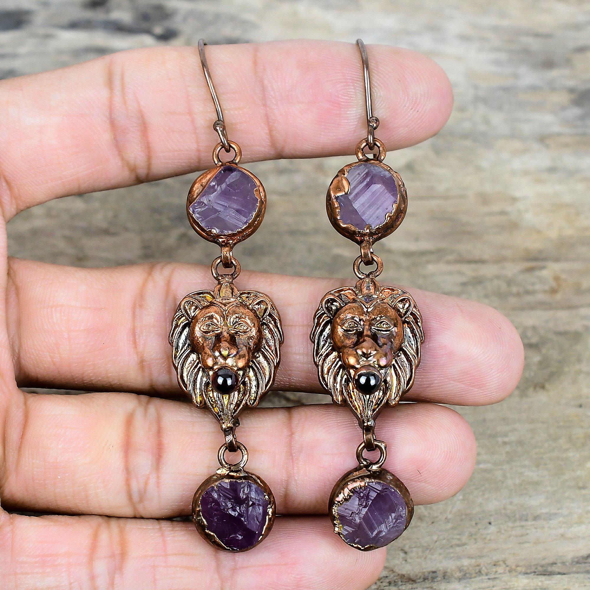 African amethyst rough earring electroformed copper earrings lion face earring antique copper jewelry handmade gemstone earring gift for mom