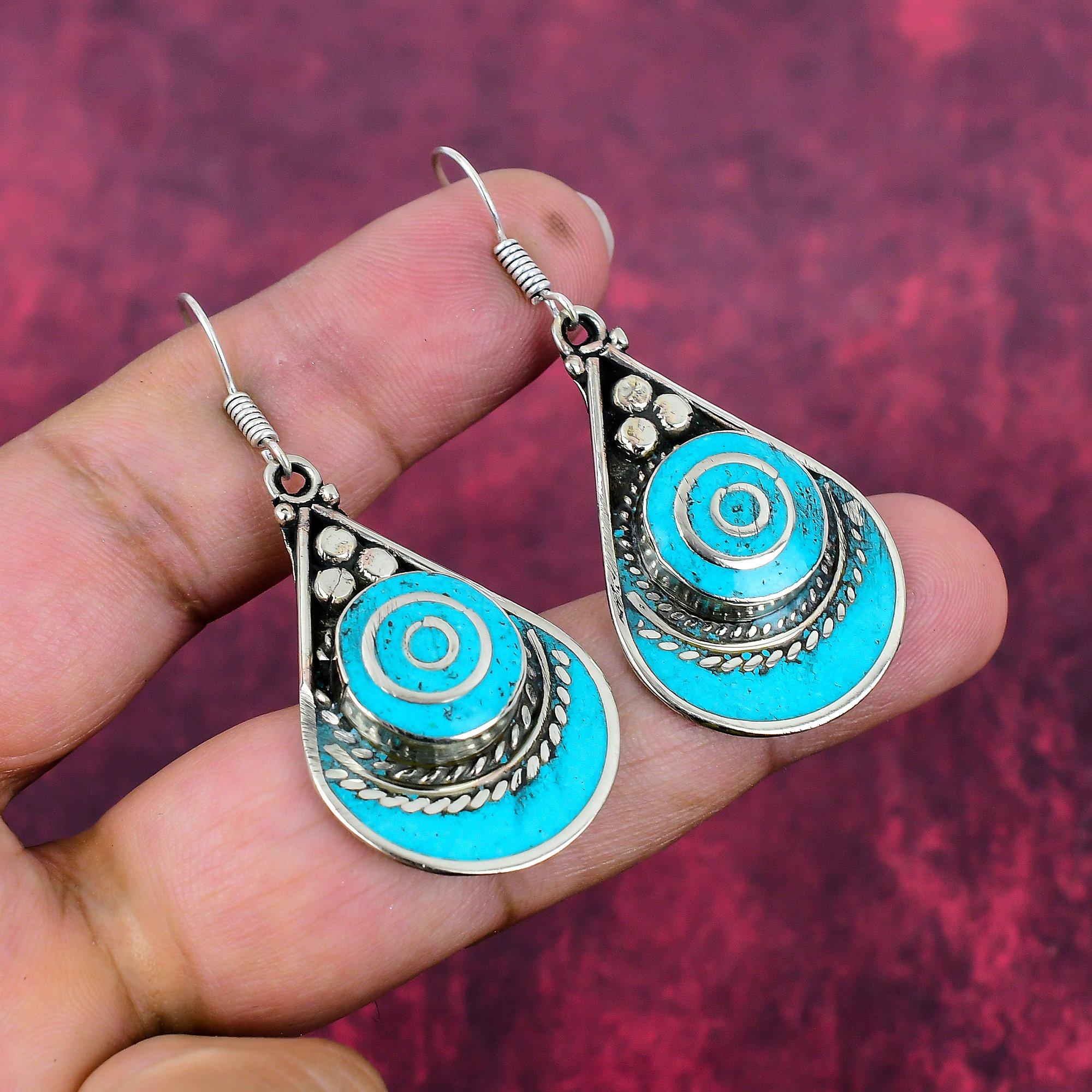 Turquoise 925 Solid Sterling Silver Earrings, Handmade Gemstone Nepali Earrings Jewelry, Gifts For Wife Brand New Earrings
