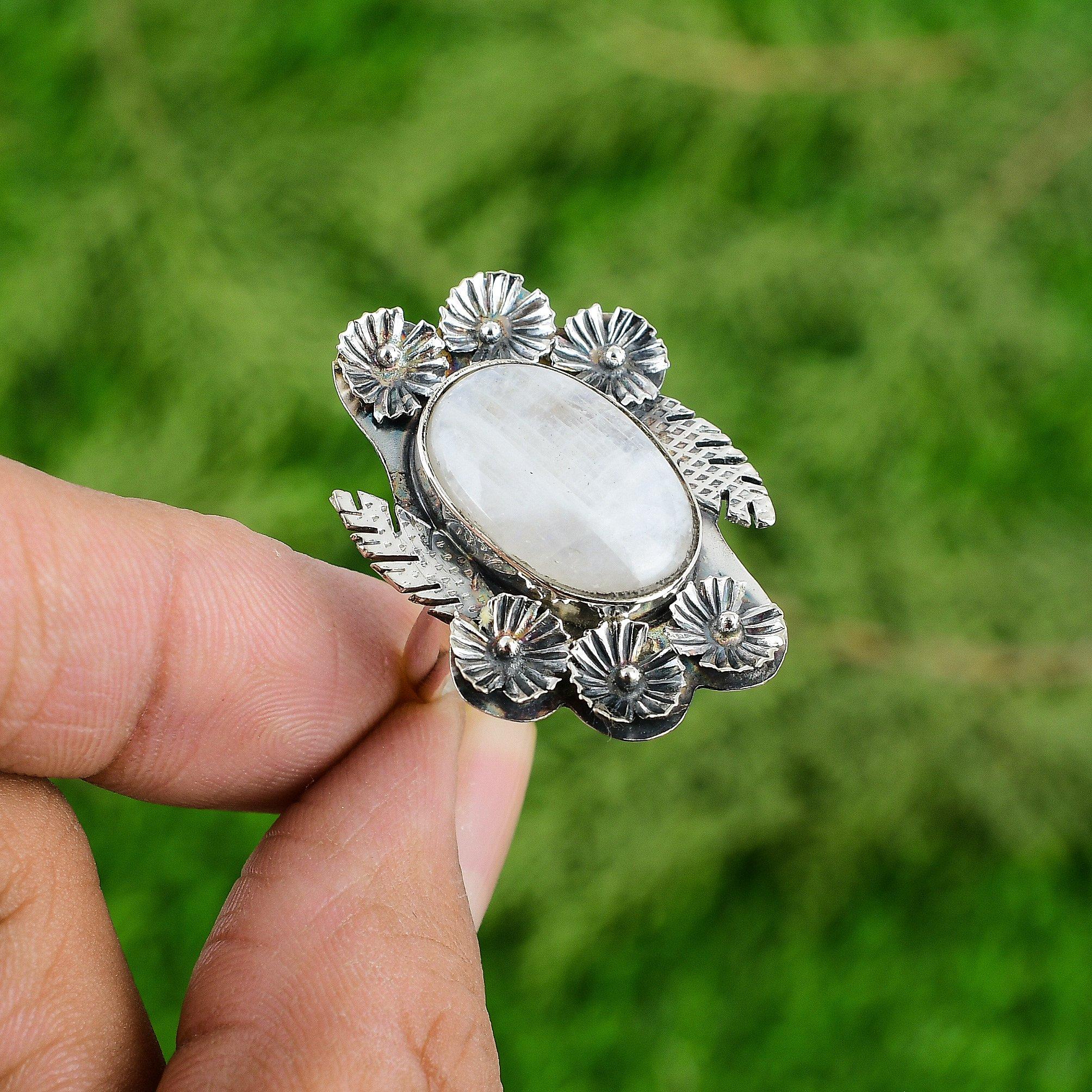 Natural Rainbow Moonstone Gemstone Statement Flower Adjustable Ring 925 Silver