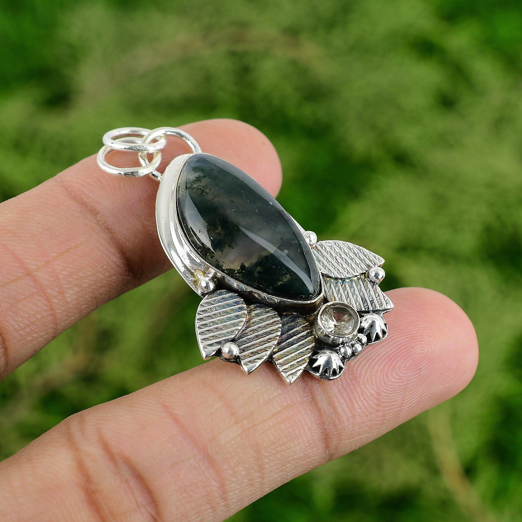 Sterling Silver Trillion Solar Moss Agate Stone White Topaz New Pendant Jewelry