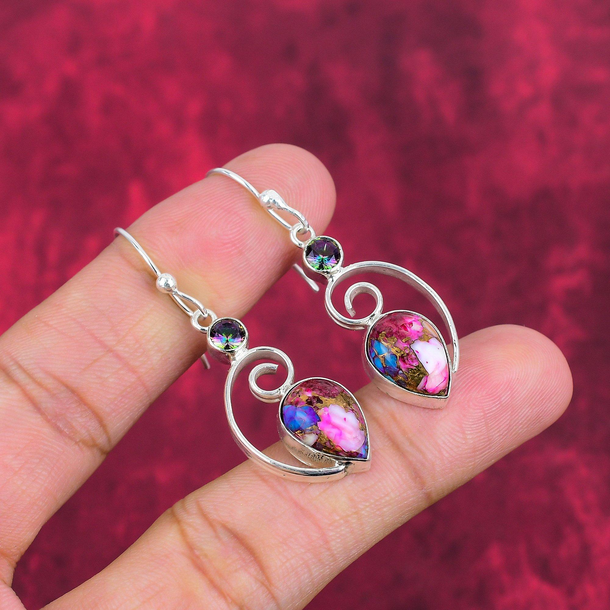 Pink Spiny Oyester, Mystic Topaz 925 Solid Sterling Silver Earrings, Handmade Gemstone Jewelry Earrings, For Memorial Day