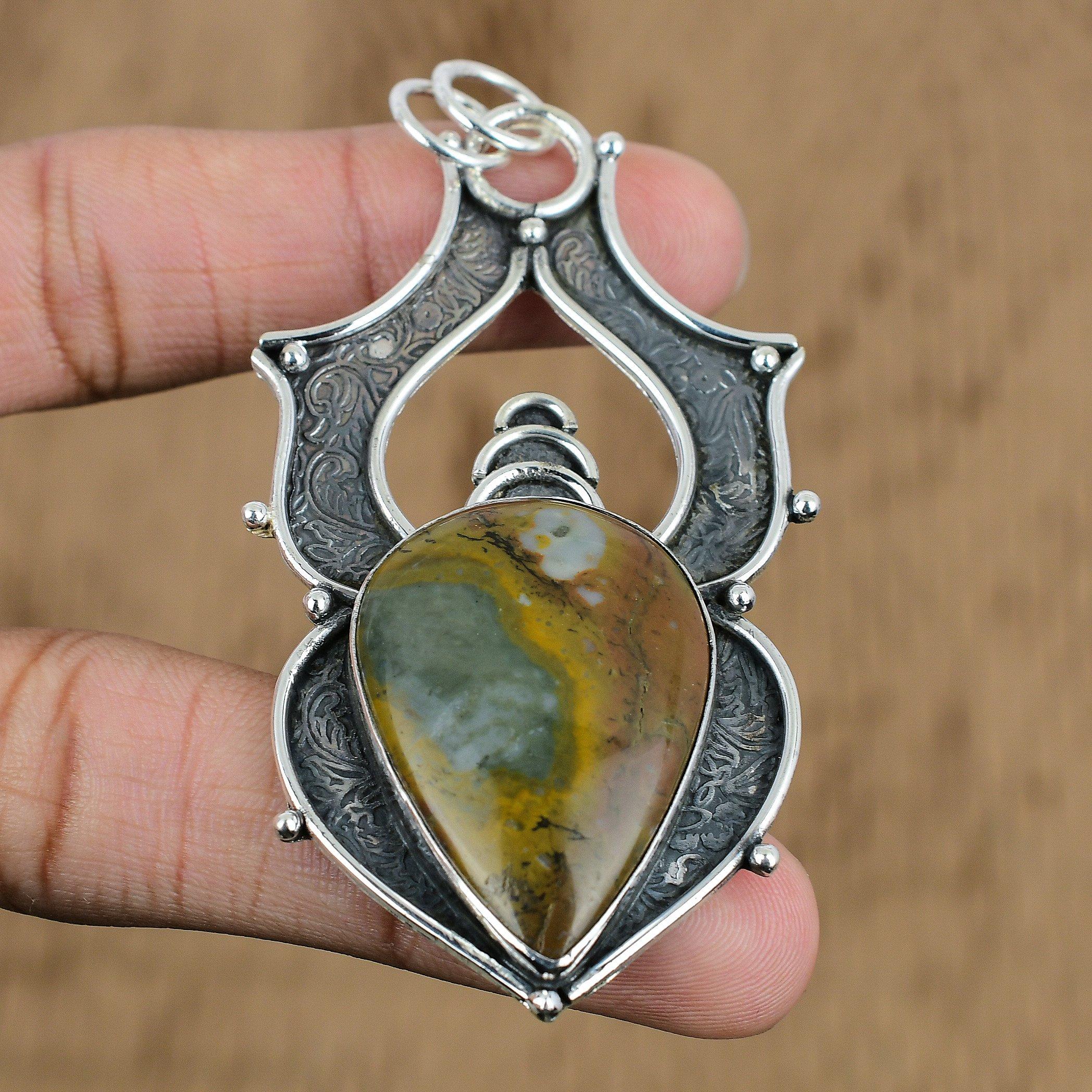 Easter Deal Pear Natural Polychrome Jasper Boho Pendant Jewelry Sterling Silver