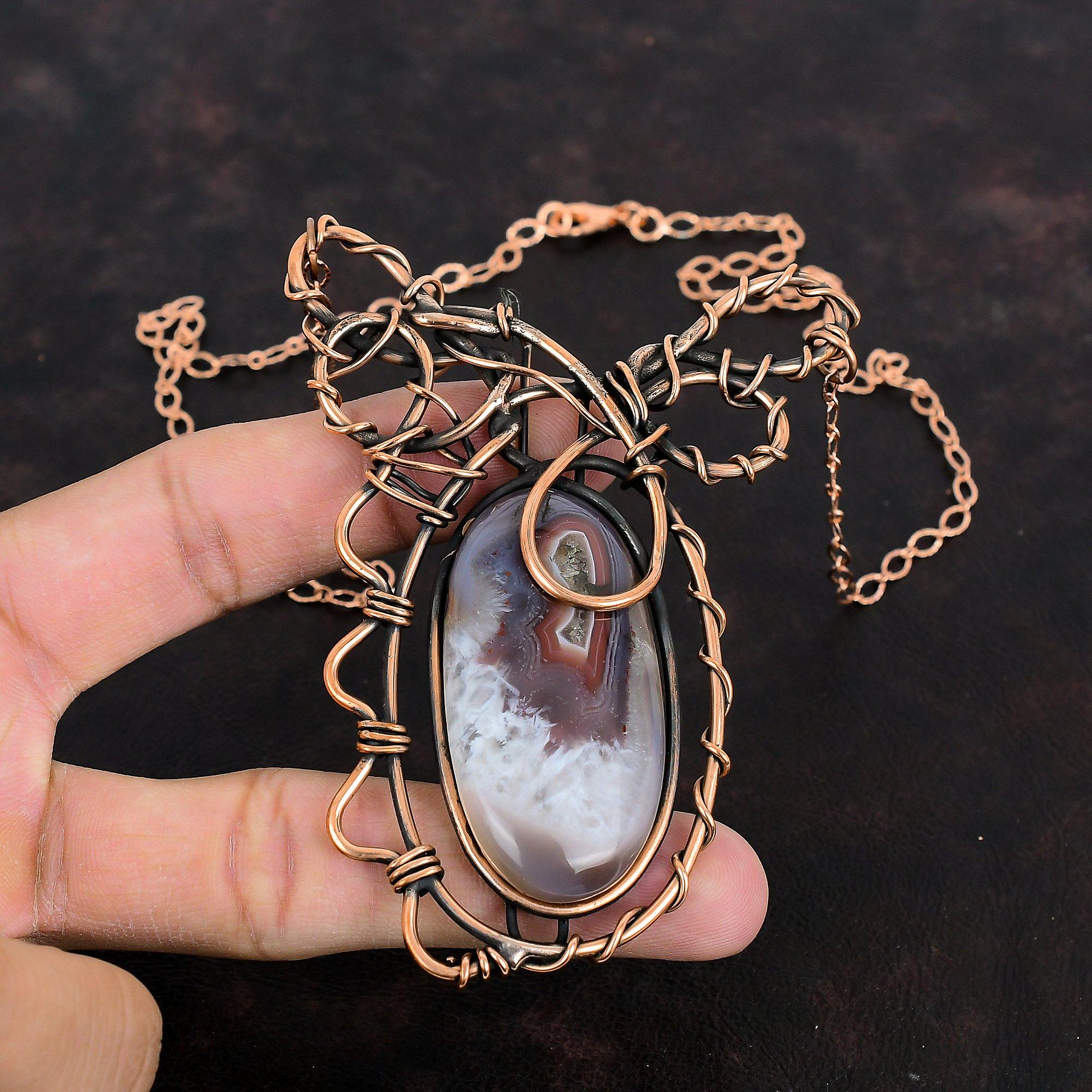 Botswana Agate Necklace Copper Wire Wrapped Handmade Jewelry Adjustable Necklace Very Pretty Copper Jewelry Gemstone Necklace Gifts For Wife