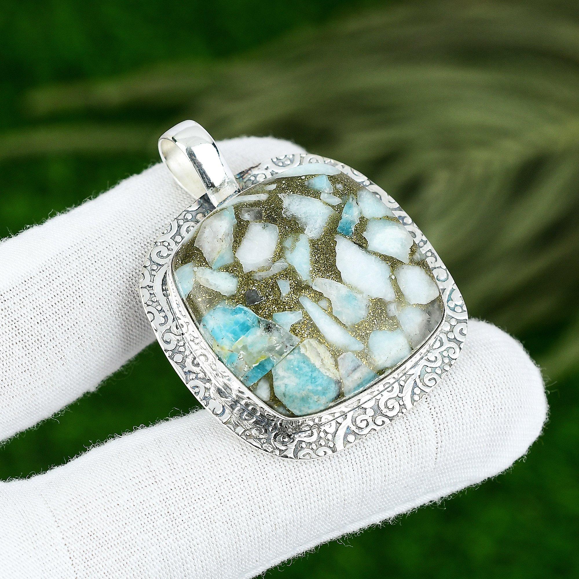 Natural Copper Amazonite Gemstone Pendant 925 Sterling Silver Indian Jewelry