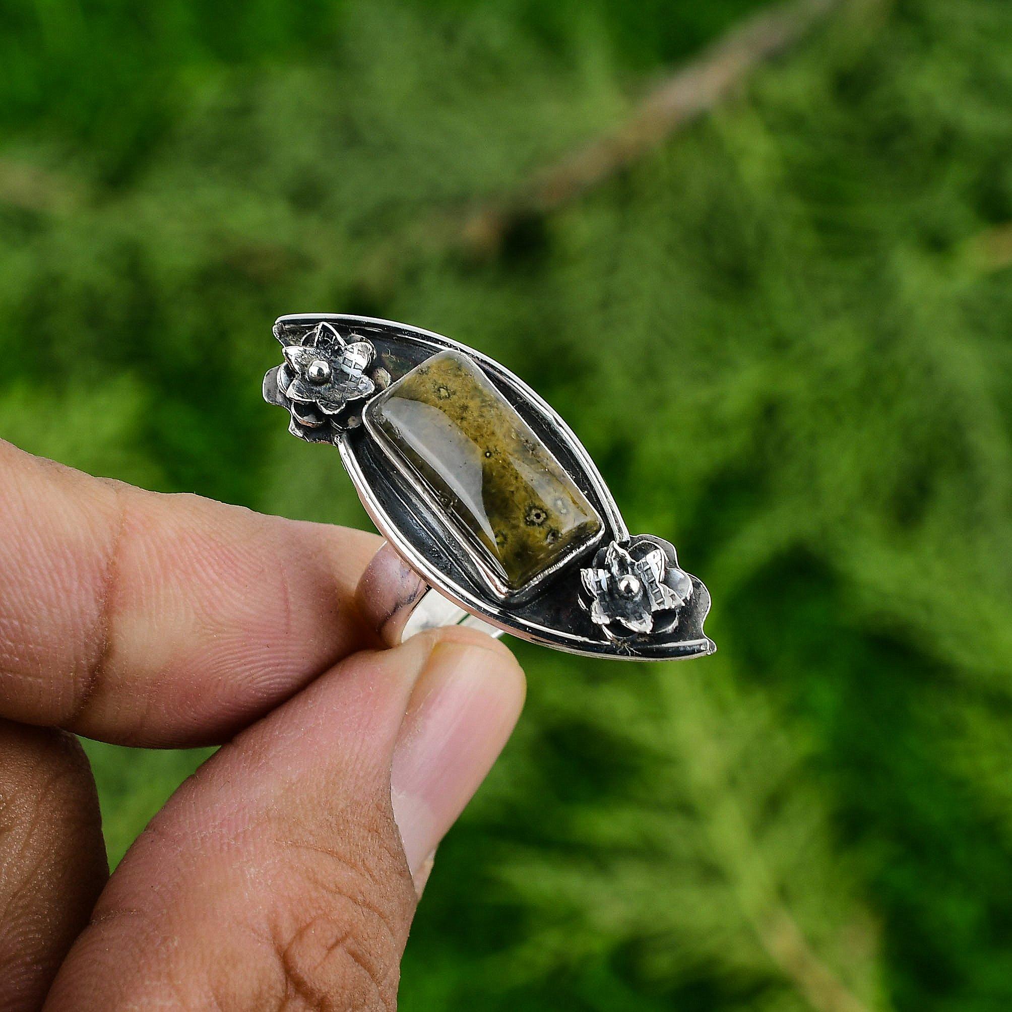Natural Ocean Jasper Statement Flower Adjustable Ring 925 Silver For Women