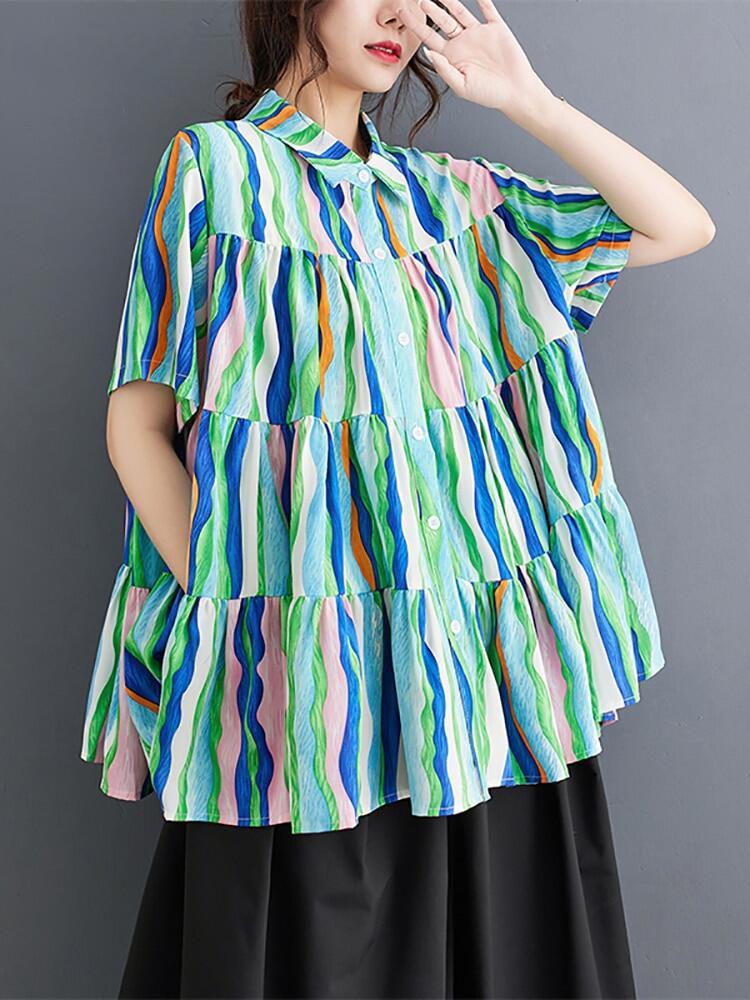 Xitao Print Patchwork Women Striped Shirt New DMJ1407