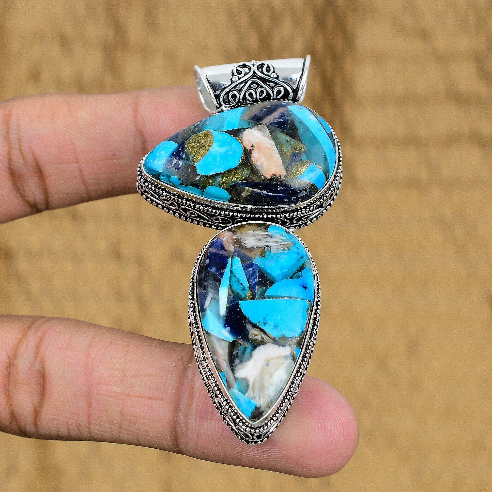 Natural Copper Multi Turquoise Gemstone Pendant Vintage 925 Silver For Girls