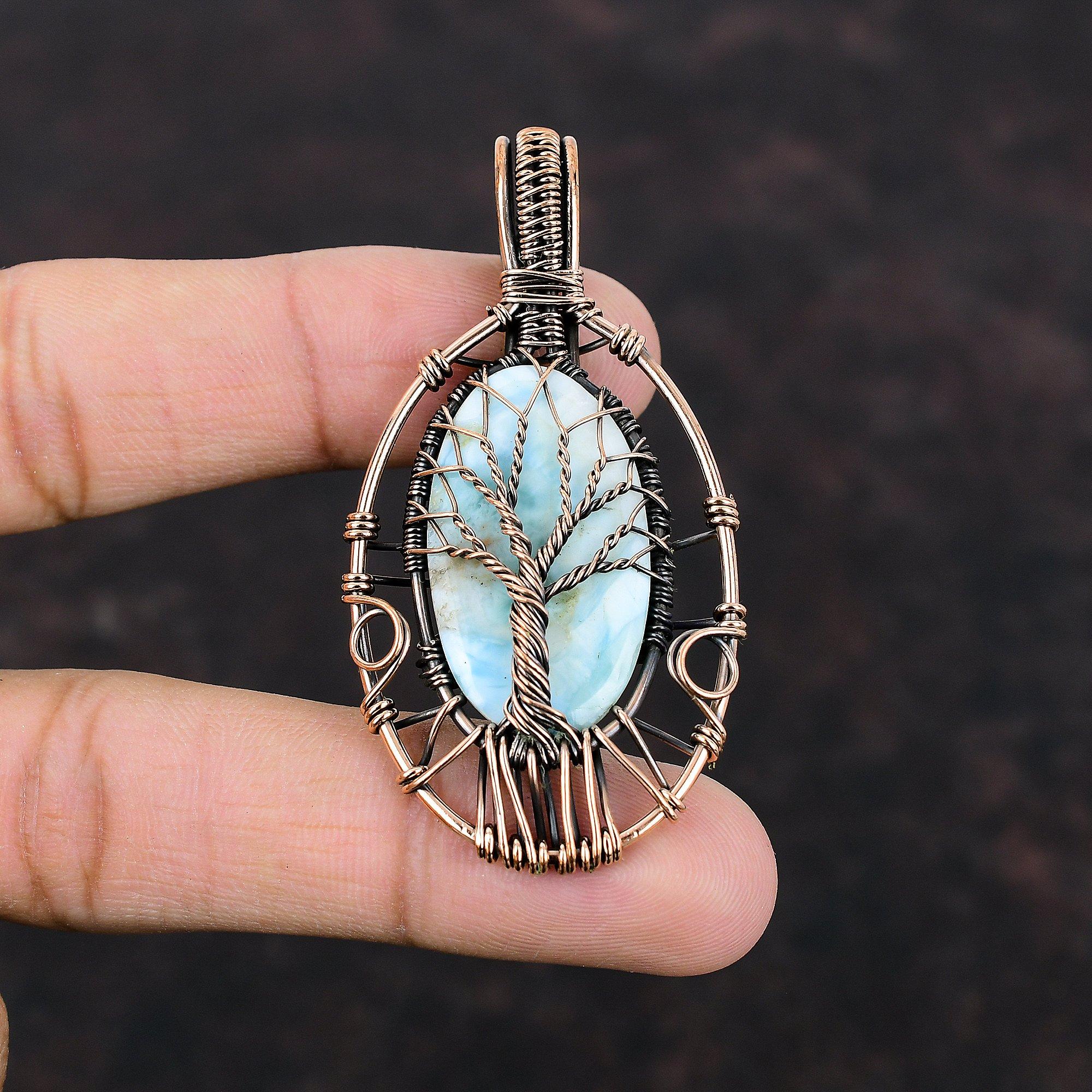 Pandantiv Larimar Arborele Vieții Piatră Prețioasă Bijuterii Înfășurate în Cupru Bijuterii din Sârmă de Cupru Bijuterii de Designer Handmade Cadou Pentru Ea Bijuterii Arborele Vieții