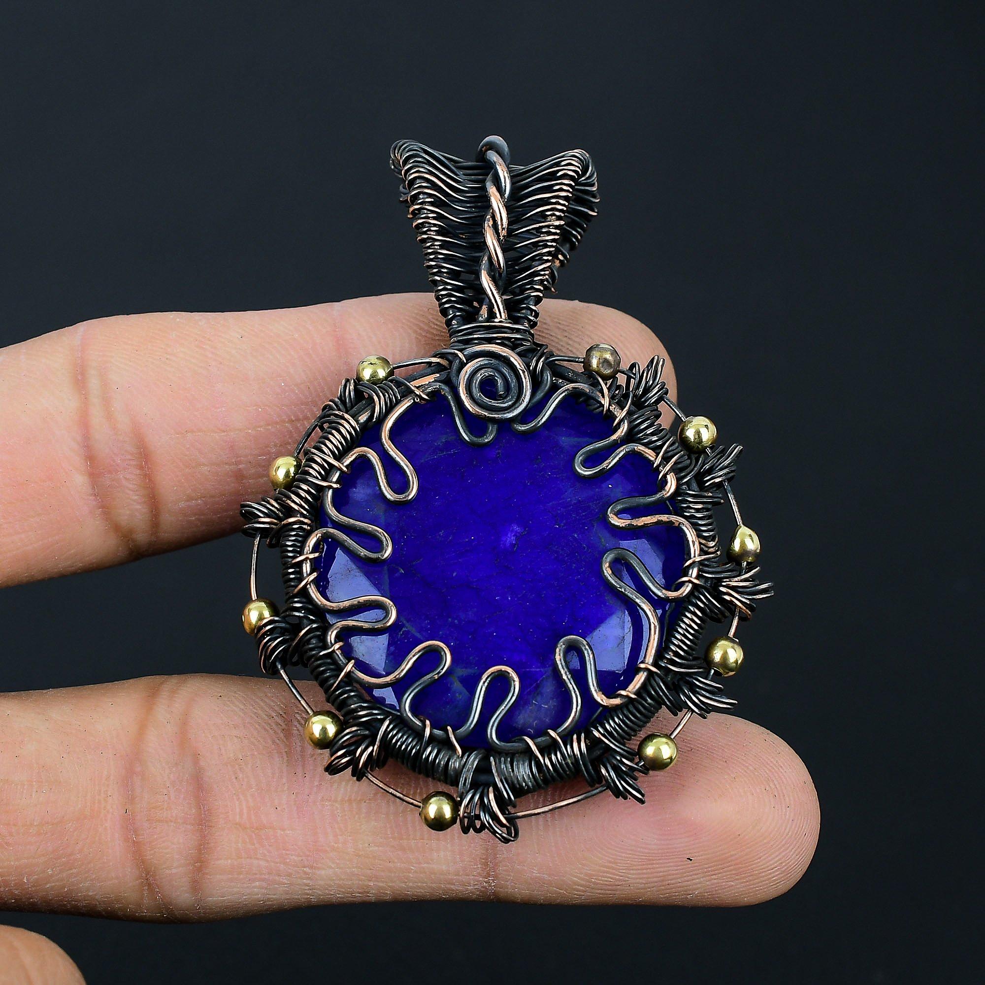 Blue Sapphire Lab-Created Gemstone Handmade Copper Wire Wrap Silver Jewelry Pendant For Love