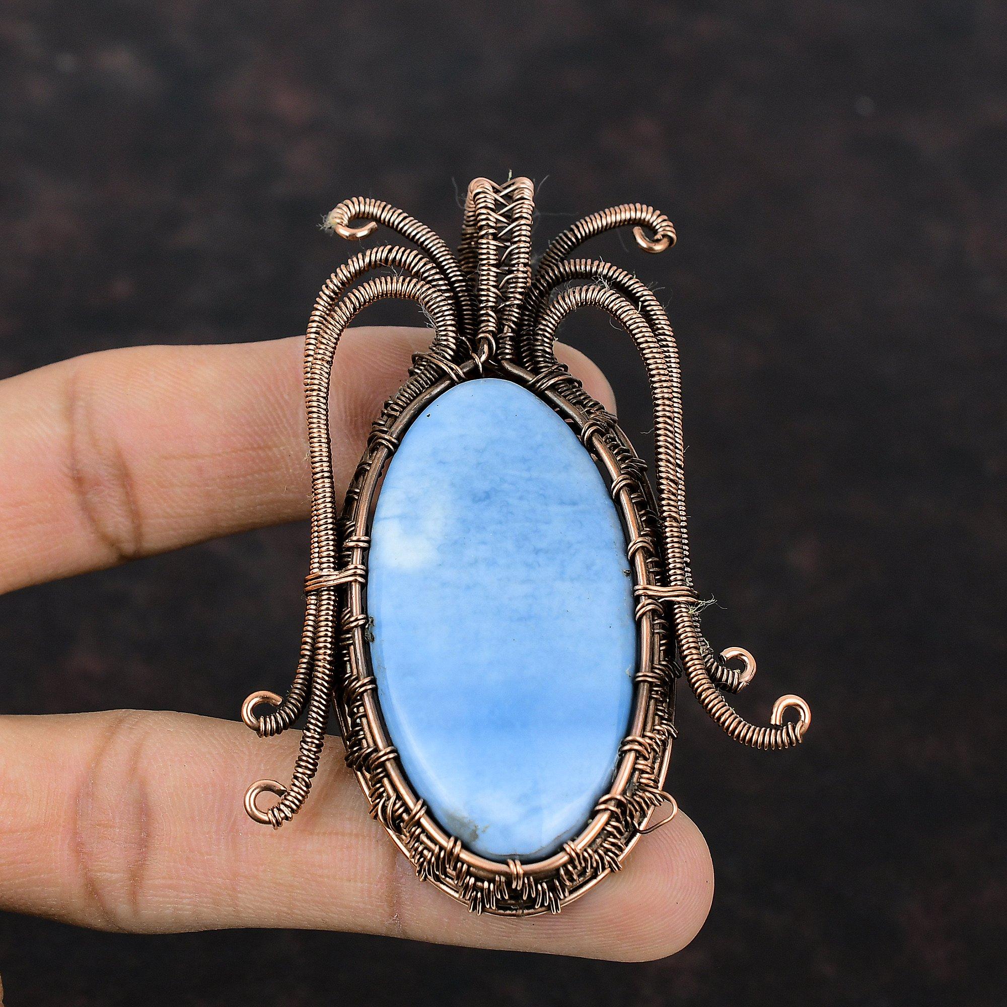 Owyhee Blue Opal Gemstone Pendant Copper Wire Wrapped Pendant Handmade Pendant Wire Wrap Jewelry Stylish Pendant Gift For Her Copper Jewelry