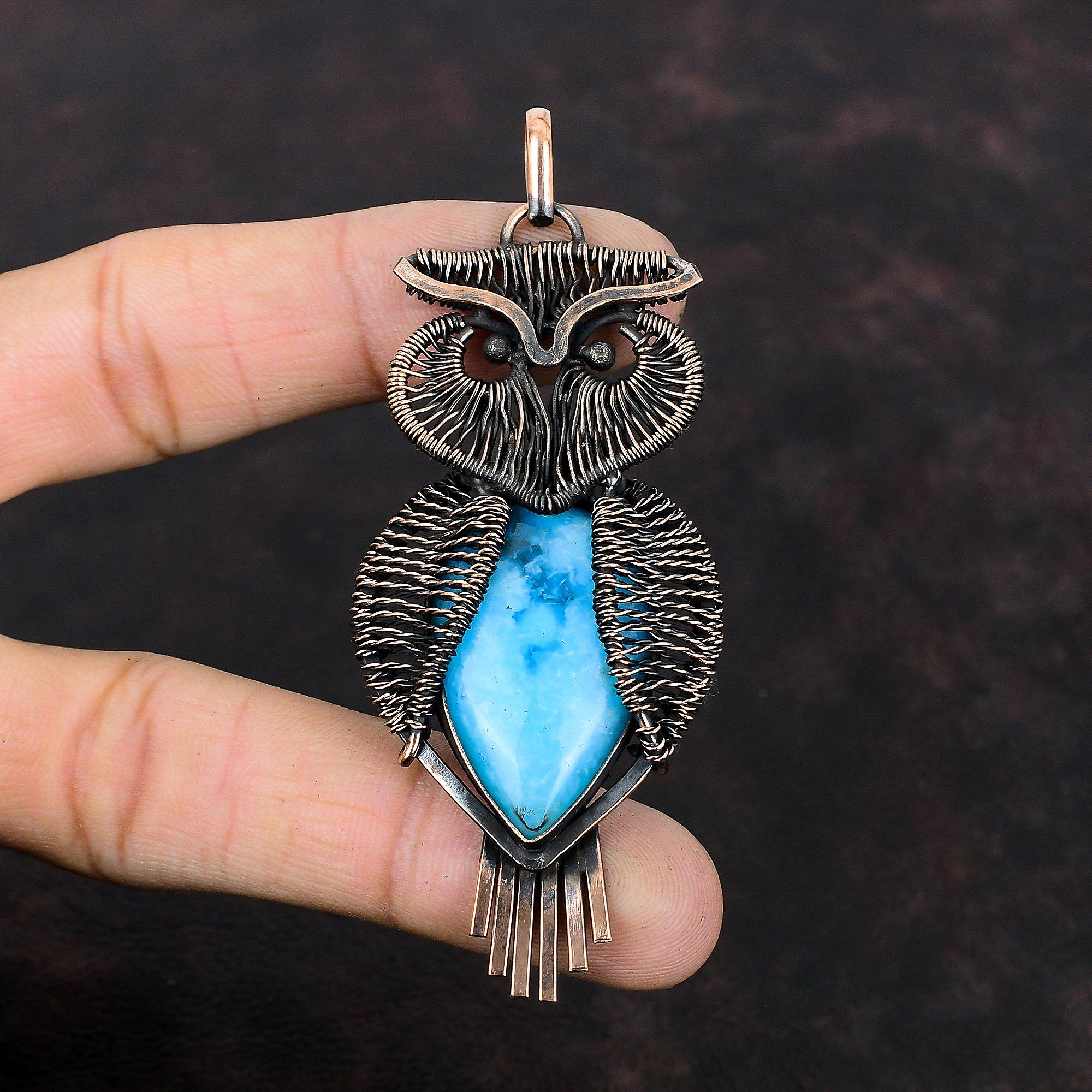 Smithsonite Pendant Copper Wire Wrapped Pendant Gemstone Pendant Very Pretty Copper Jewelry Handmade Owl Pendant Wire Wrap Jewelry For Gifts