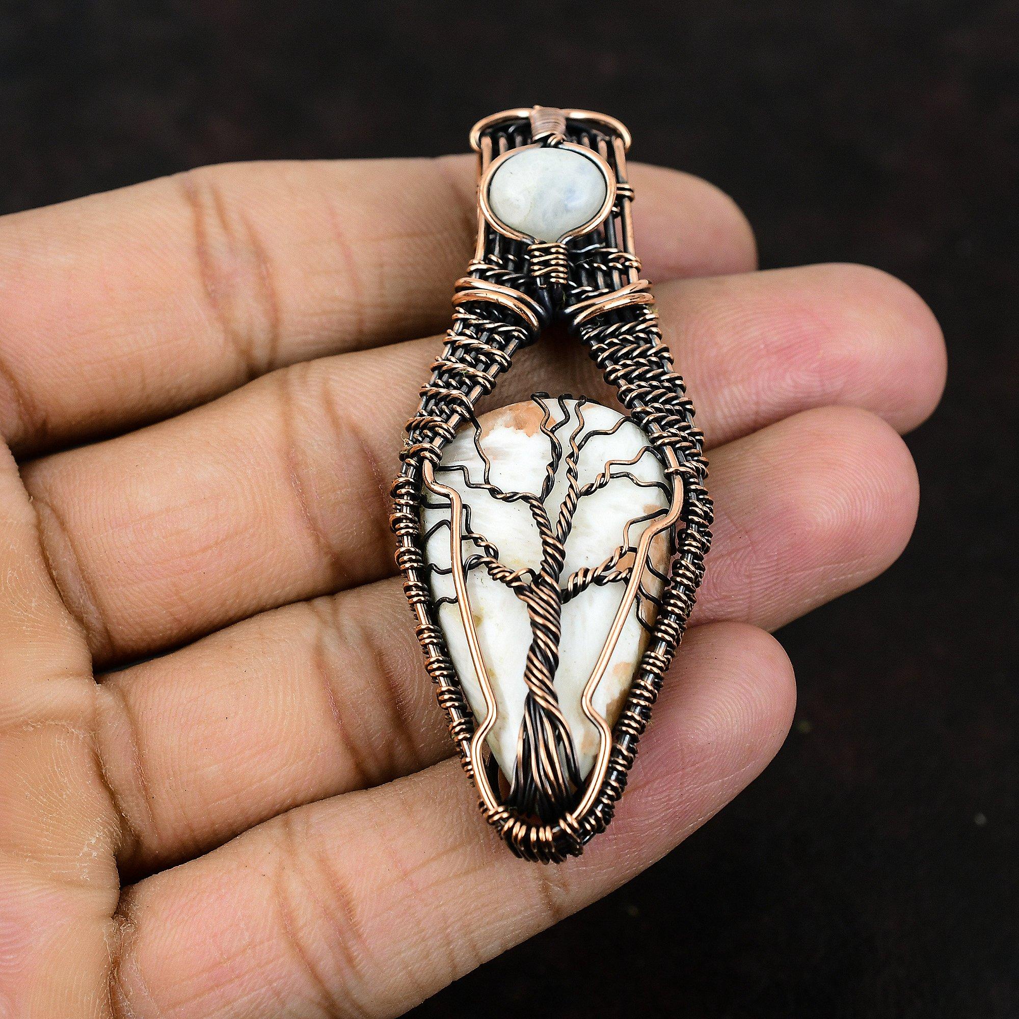 Tree Of Life Scolecite Copper Pendant Copper Wire Wrapped Pendant Rainbow Moonstone Pendant Real Gemstone Handmade Pendant Scolecite Jewelry