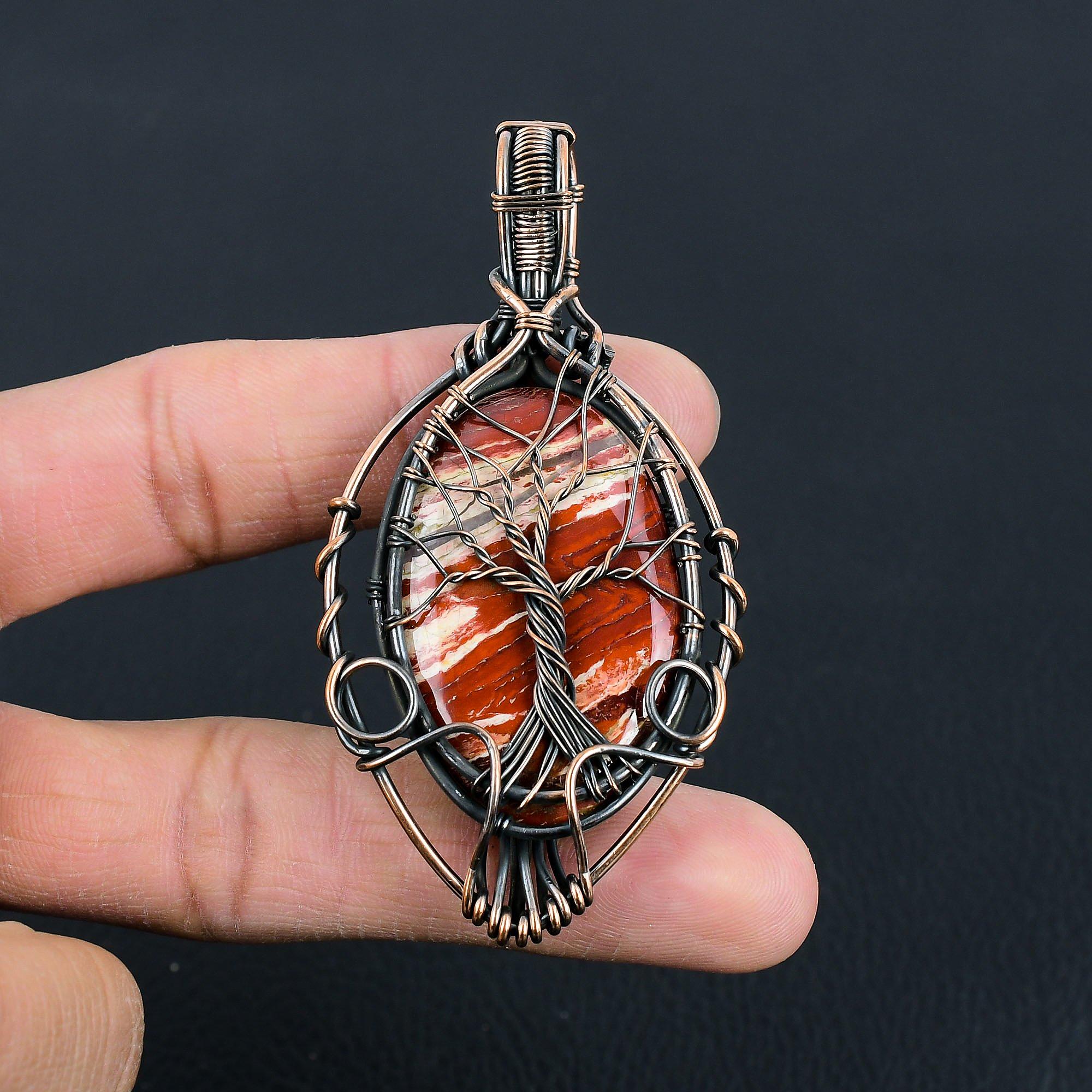 Tree Of Life Red Snake Skin/ Red River Jasper Gemstone Handmade Pure Copper Wire Wrapped Pendant Jewelry