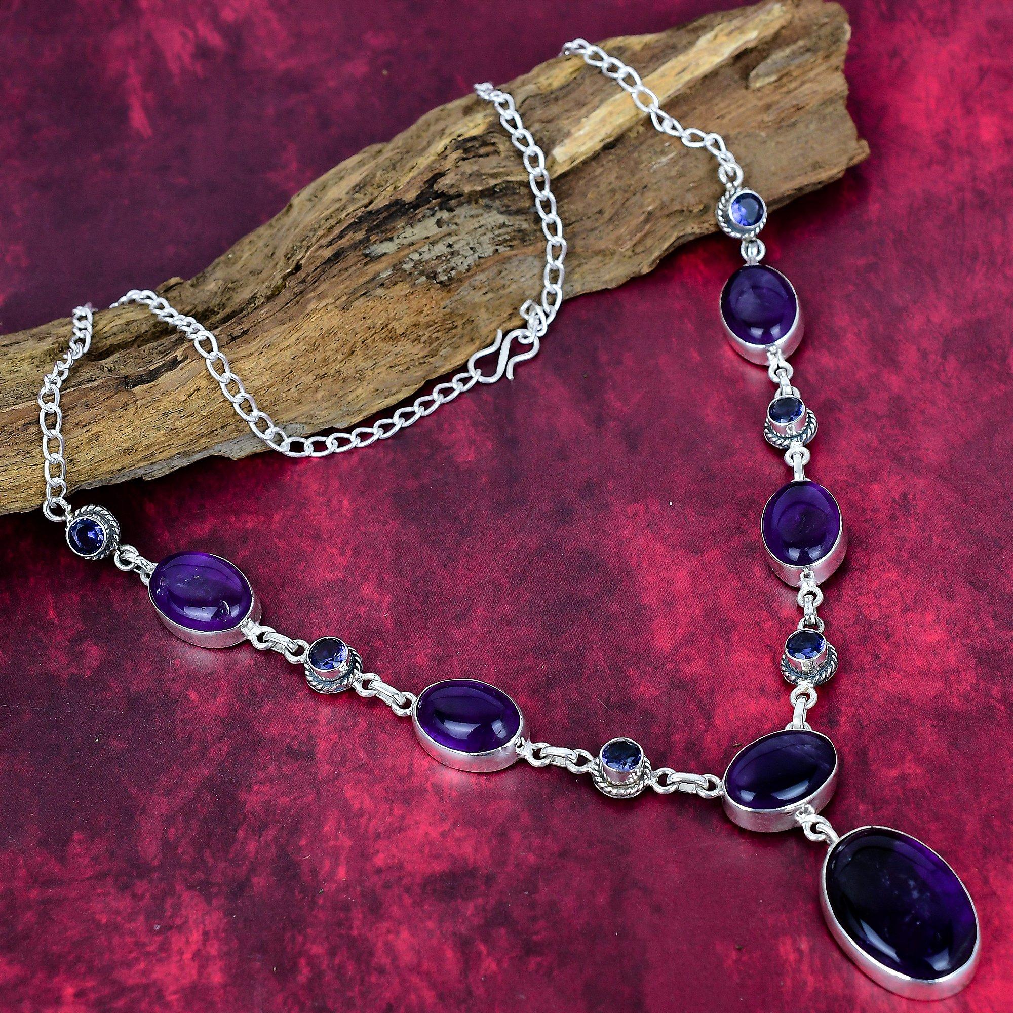 Amethyst & Iolite 925 Solid Sterling Silver Necklace Adjustable, Chain Necklace Handmade Gemstone, Gift For Mom Antique Jewelry