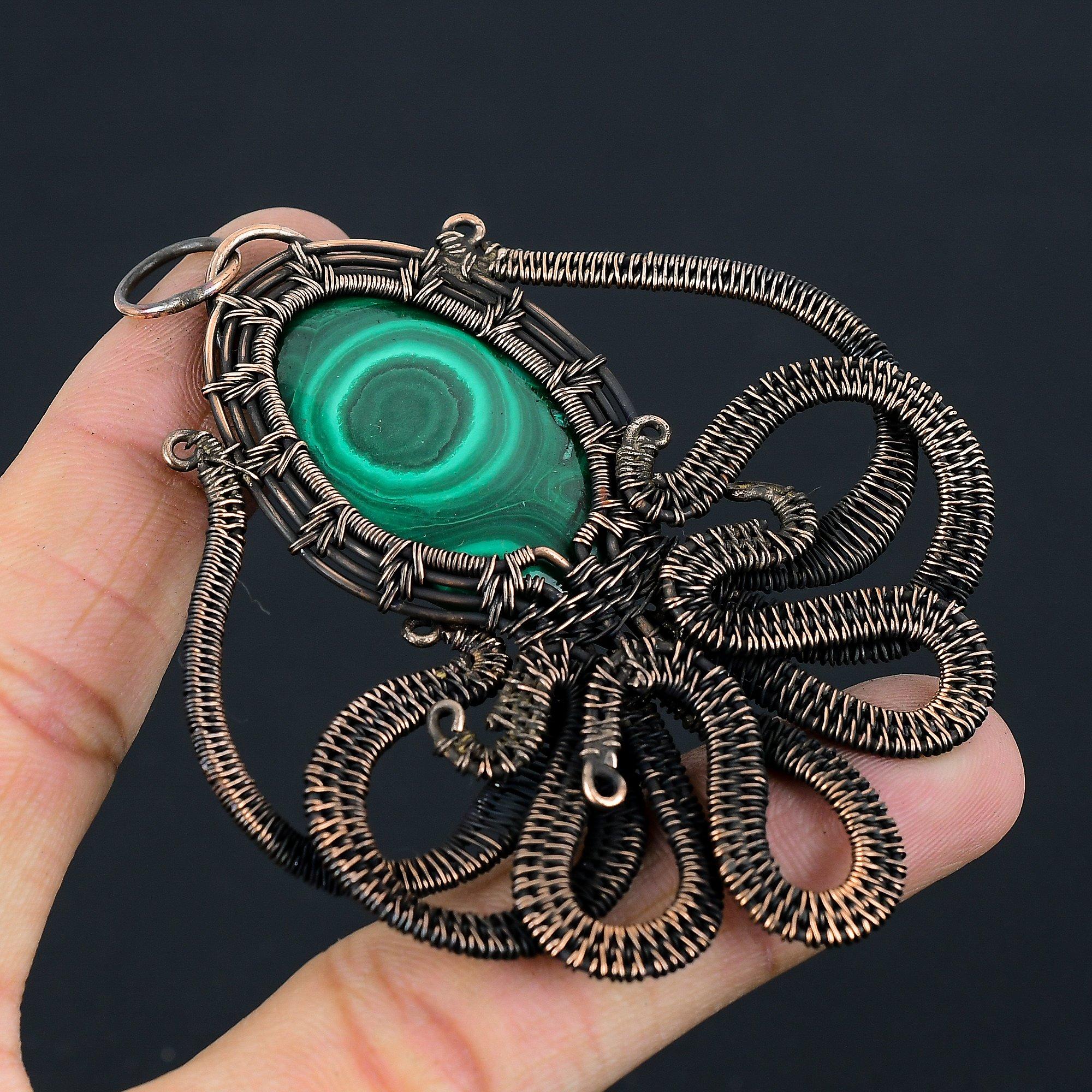 Malachite Gemstone Pure Copper Wire Wrapped Handmade Pendant Octopus Shaped Jewelry Gift