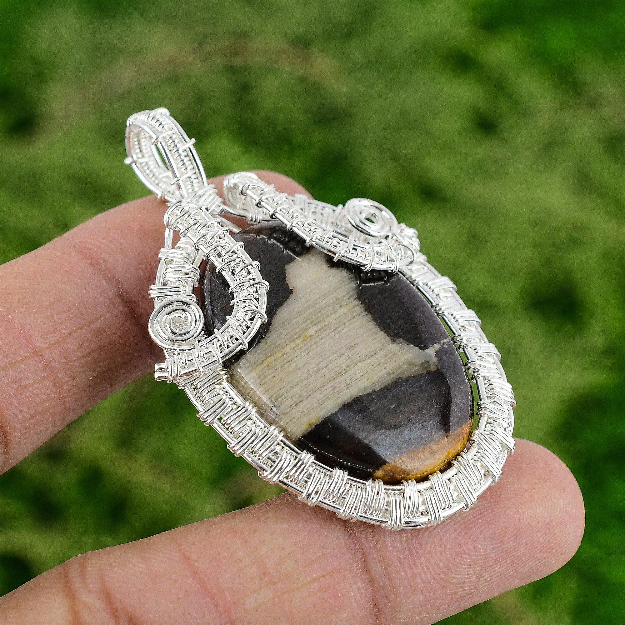 Sterling Silver Natural Peanut Wood Jasper Daughter Wire Wrap Pendant Jewelry
