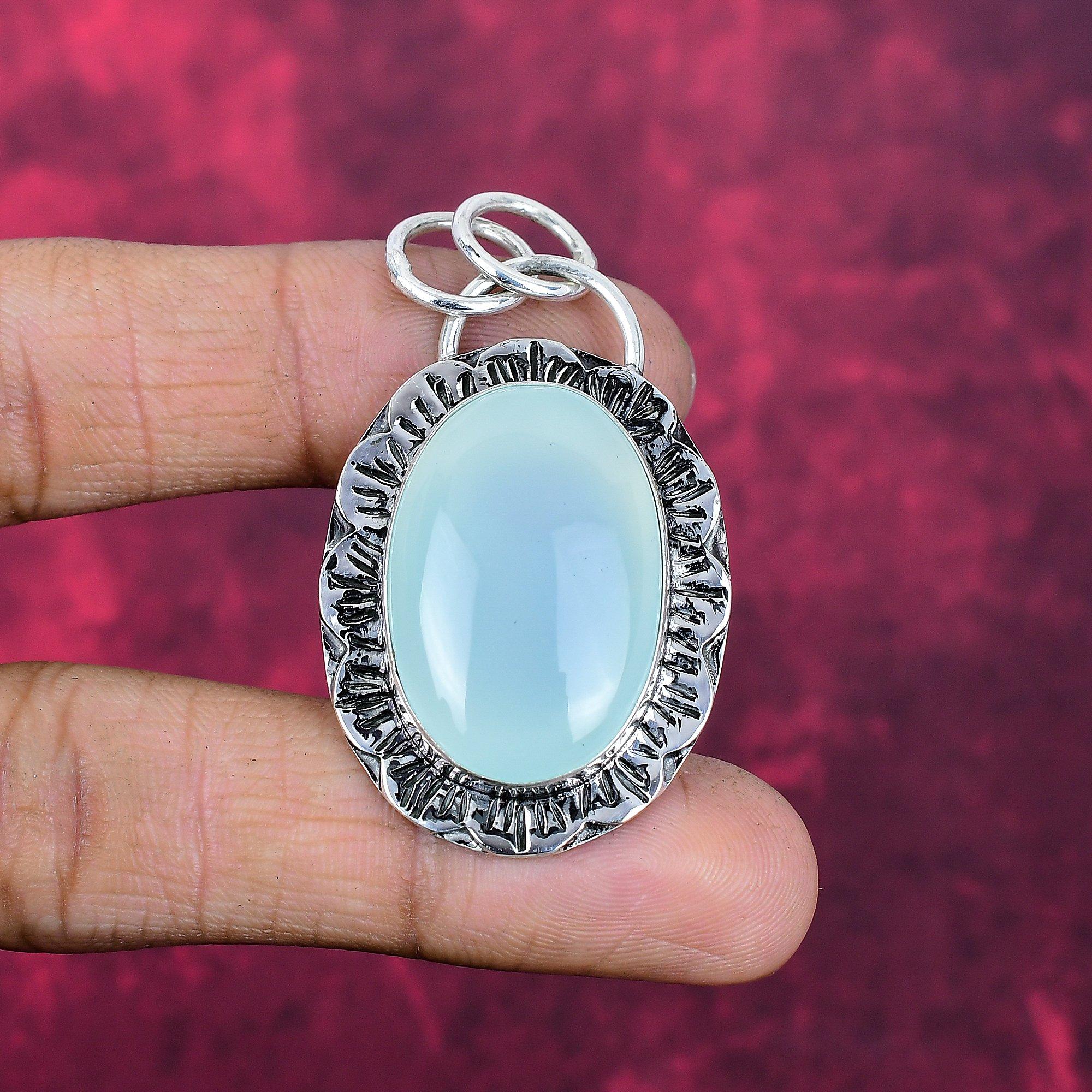 Aqua Chalcedon Silber Edelsteinschmuck, 925 Sterlingsilber Anhänger, Handgefertigter Alltagsschmuck für Frauen