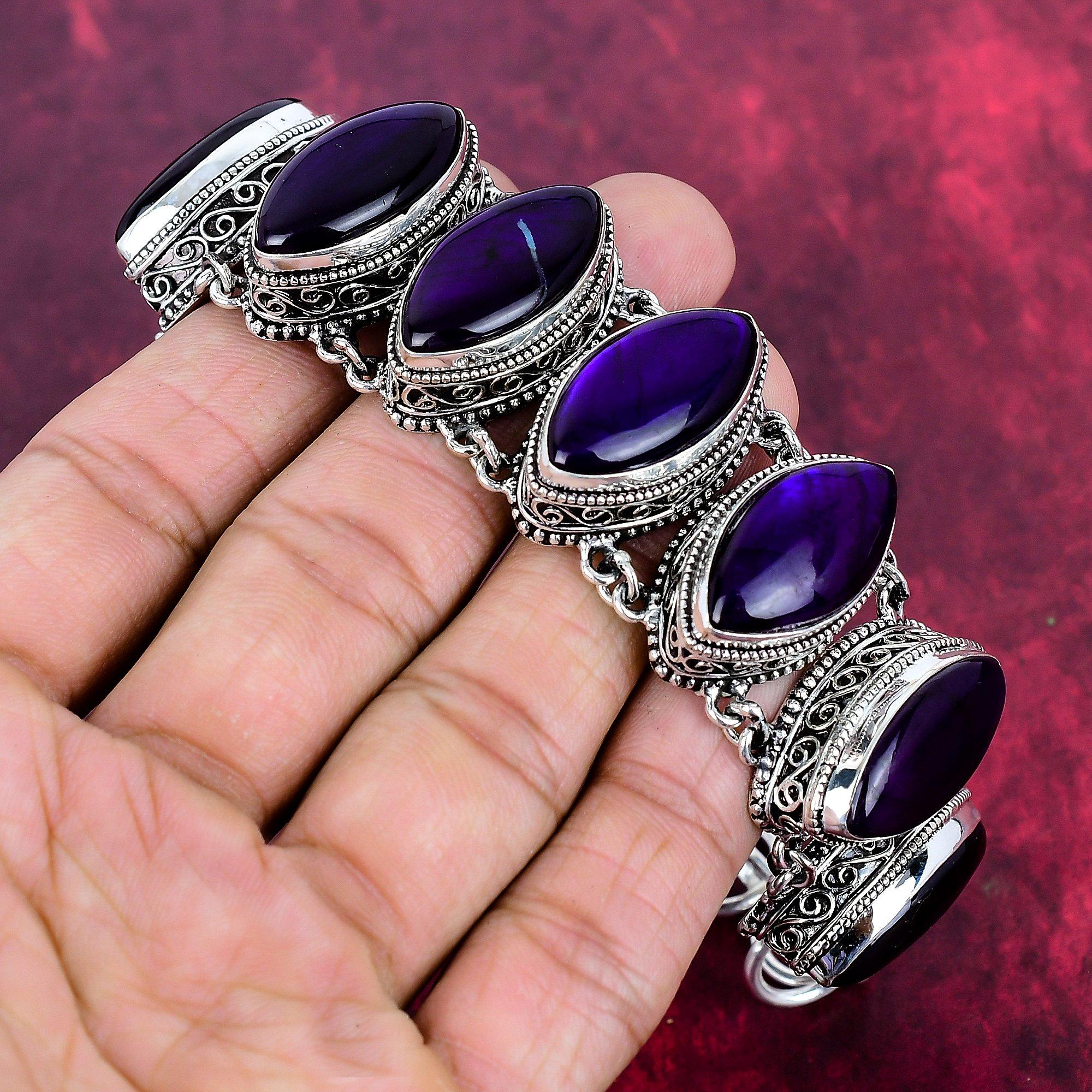 Purple Flash Labradorite 925 Solid Sterling Silver Bracelet With Adjustable Chain, Handmade Gemstone Jewelry, Bracelet For Memorial Day