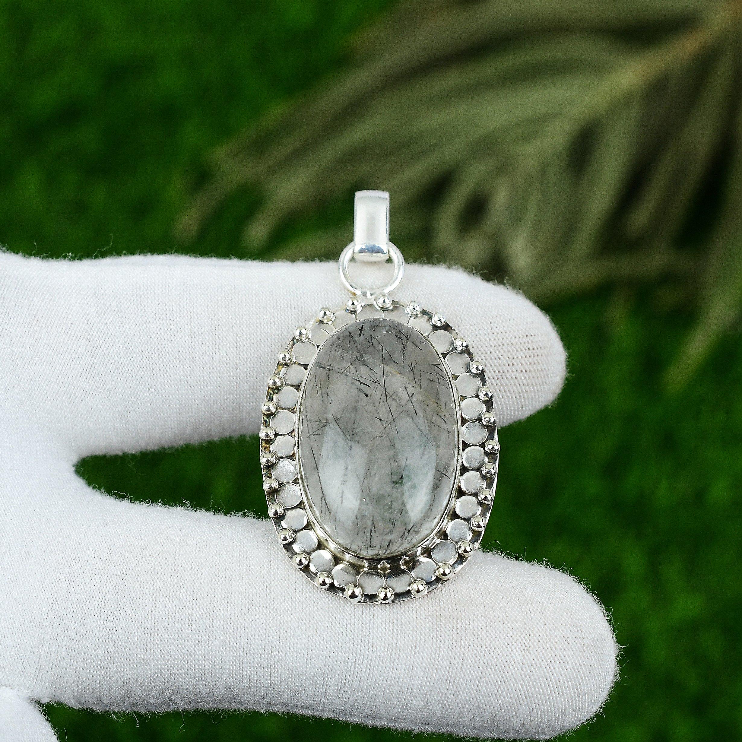 Natural Black Rutile Gemstone Jewelry 925 Sterling Silver Pendant For Girls