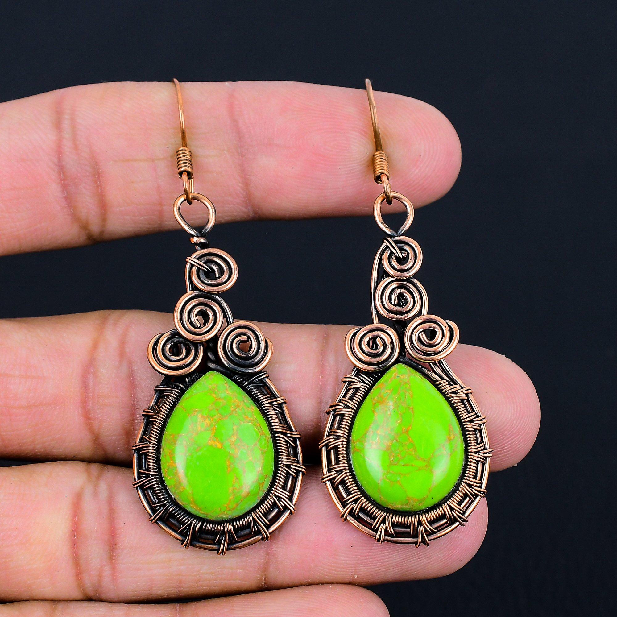 Amazing Green Copper Turquoise Gemstone Handmade Pure Copper Wire Wrapped Earrings Jewelry
