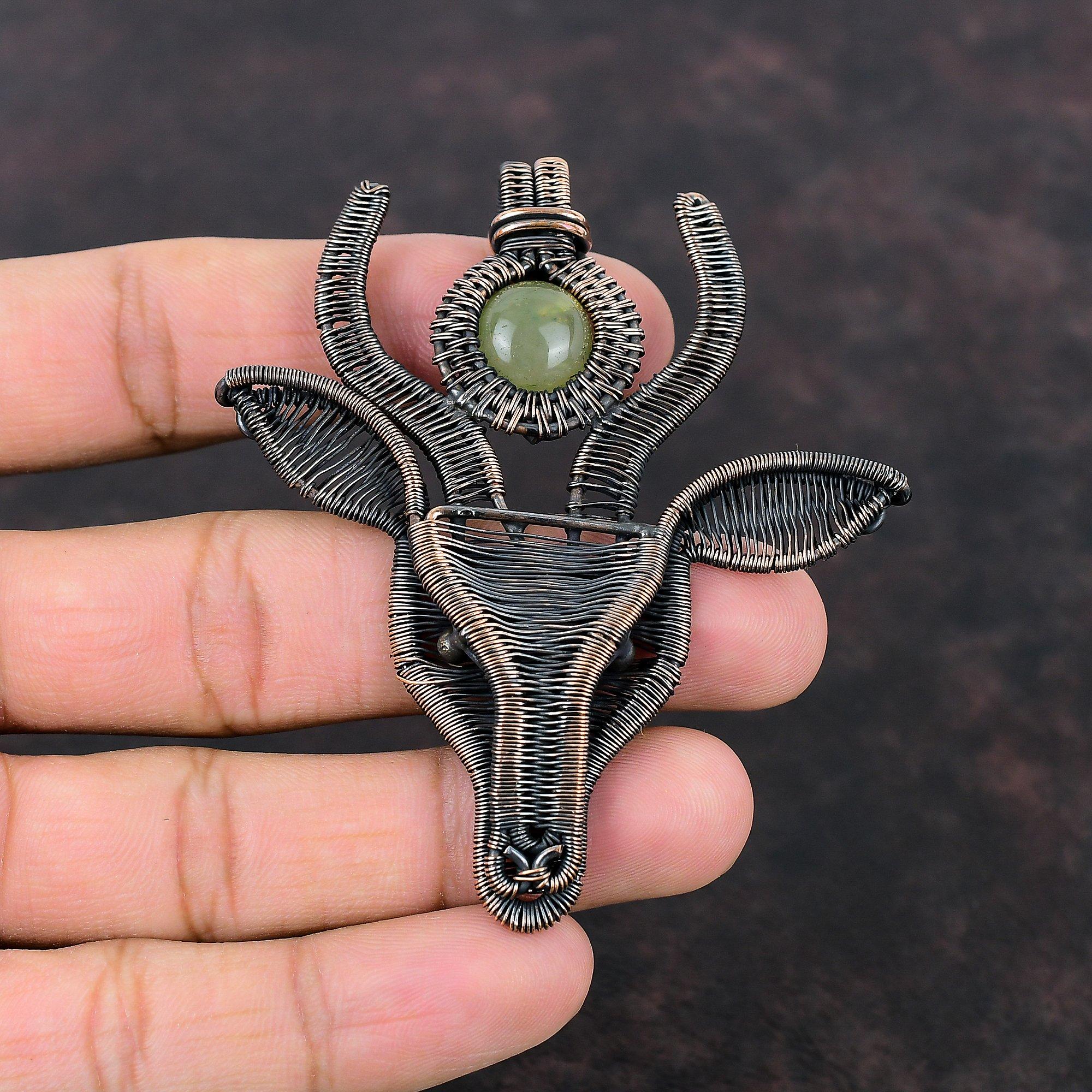 Prehnite Pendant Copper Wire Wrapped Pendant Handmade Cow Face Pendant Wire Wrap Gemstone Jewelry Ethnic Pendant Copper Jewelry Gift For Her