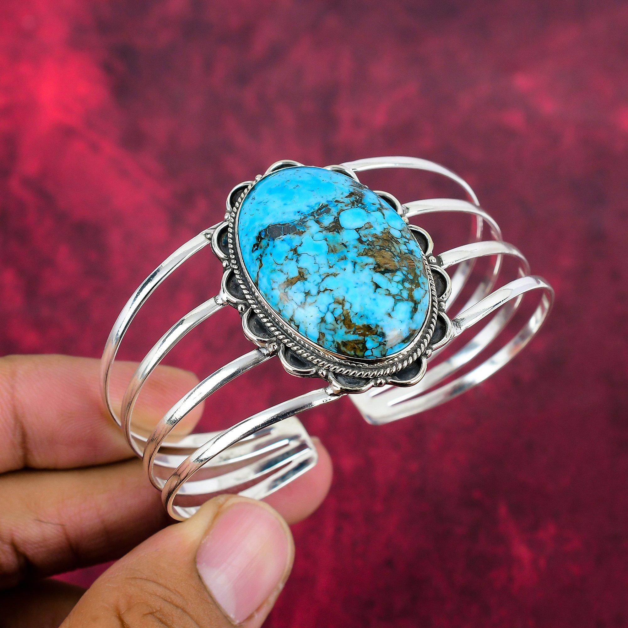 Blue Turquoise Handmade Gemstone Bangle, 925 Solid Sterling Silver Antique Jewelry Bangle, For Engagement Gift